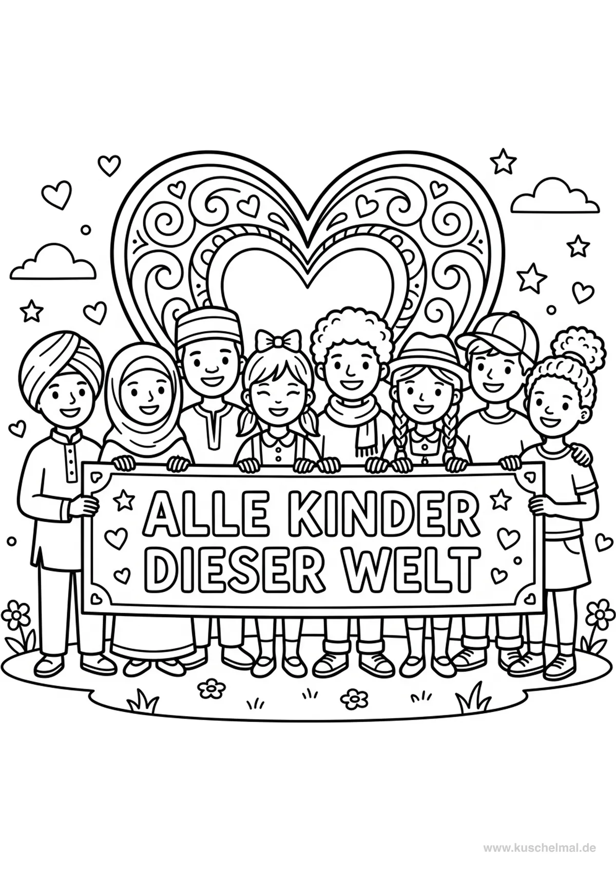 Alle Kinder dieser Welt Kindertag - Kostenloses Internationaler Kindertag Ausmalbild für Kinder zum Ausdrucken
