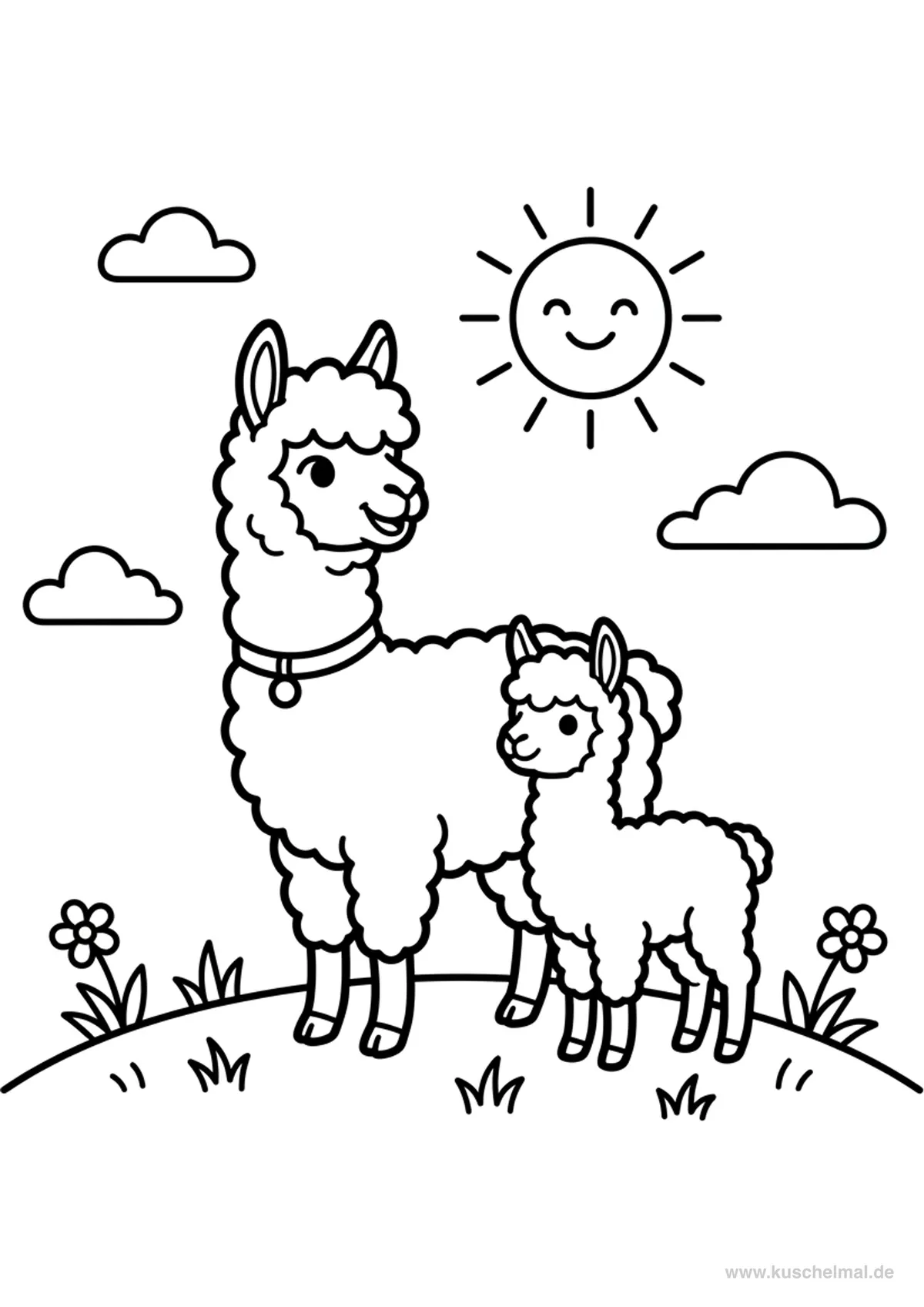 Famiglia di Alpaca nel Prato - Disegno di Alpaca da colorare gratis per bambini da stampare