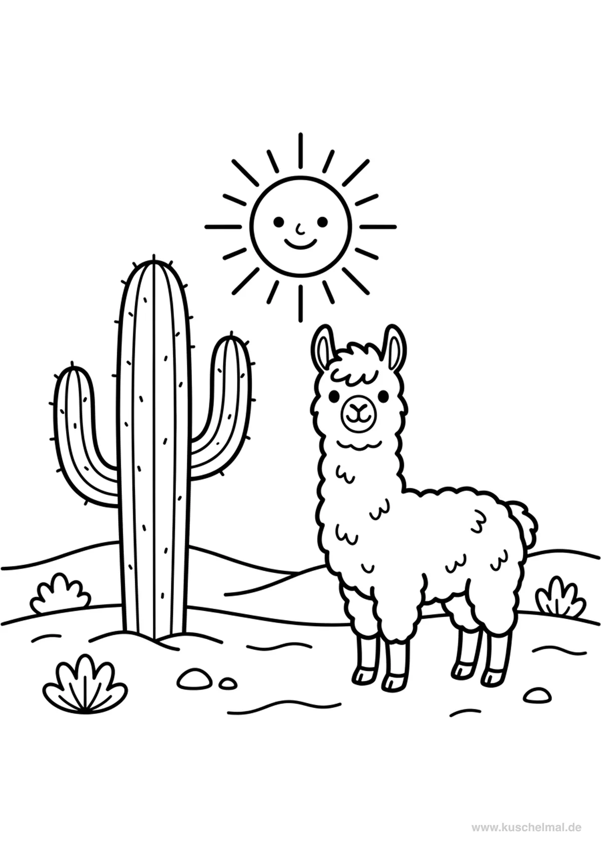 Alpaca nel Deserto con Cactus - Disegno di Alpaca da colorare gratis per bambini da stampare