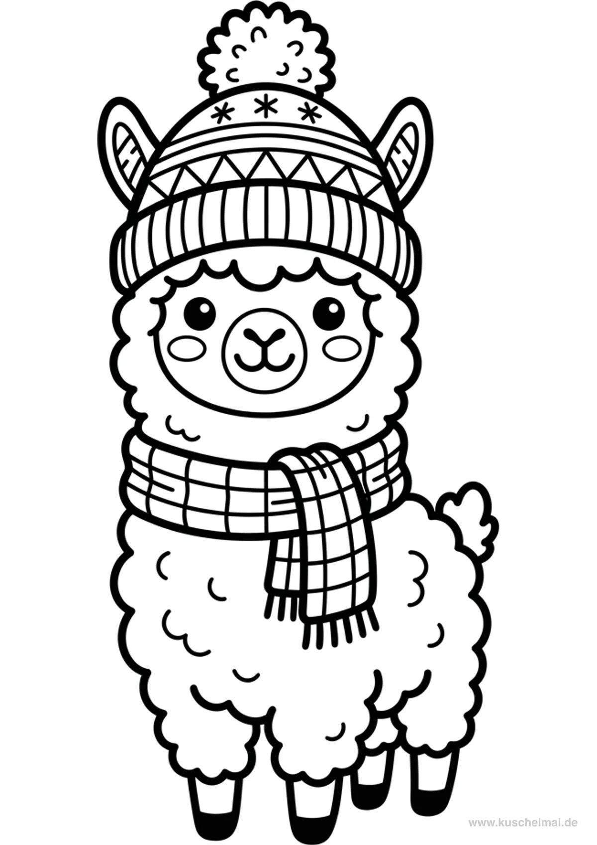 Alpaca con Sciarpa Invernale e Cappello - Disegno di Alpaca da colorare gratis per bambini da stampare