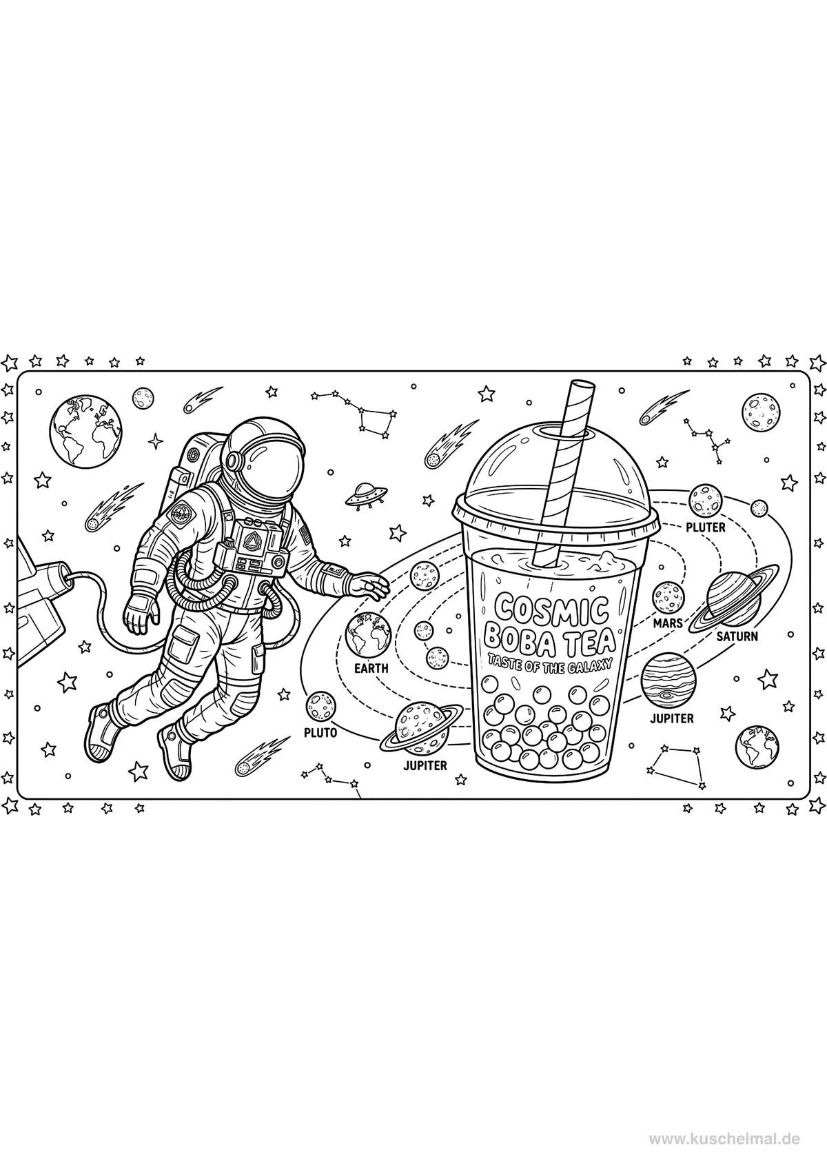 Astronaut mit Weltraum Bubble Tea - Kostenloses Bubble Tea Ausmalbild für Kinder zum Ausdrucken