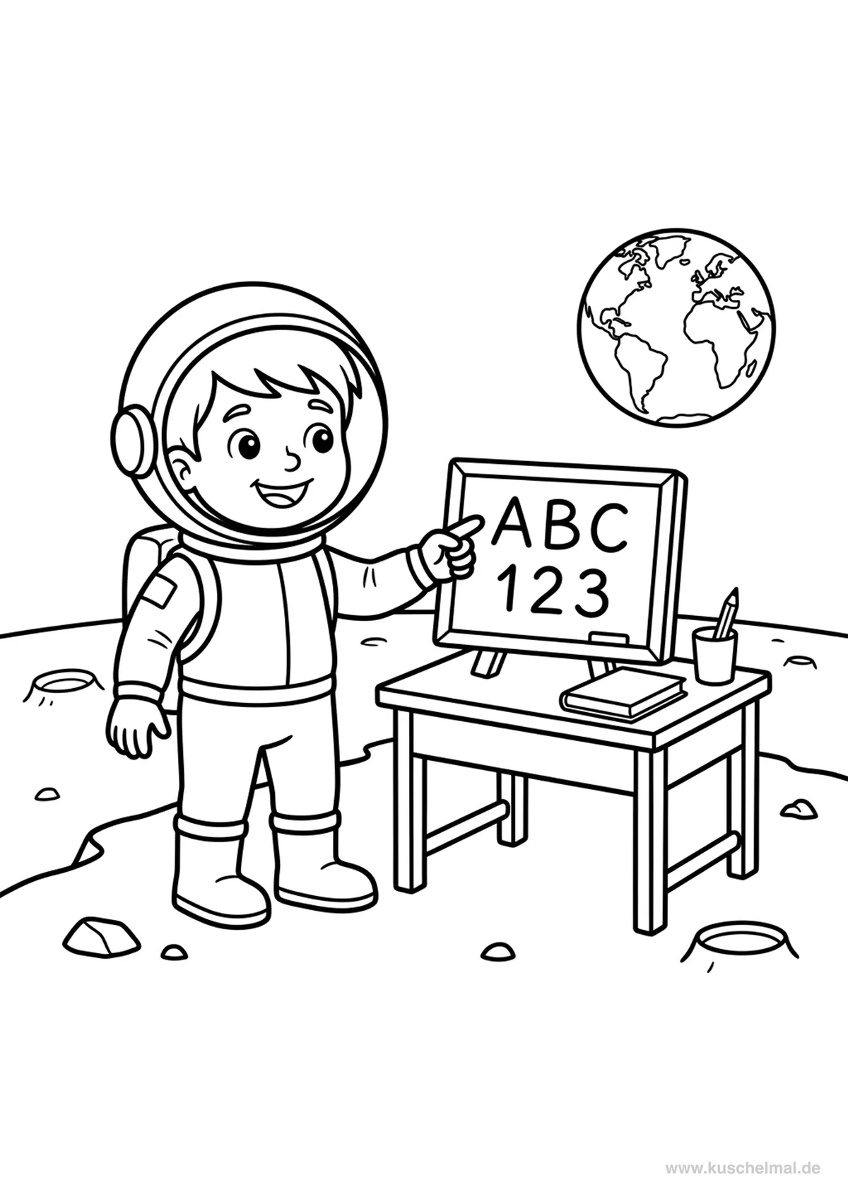 Astronauten-Kind lernt ABC auf dem Mond - Kostenloses Weltraum Ausmalbilder Ausmalbild für Kinder zum Ausdrucken