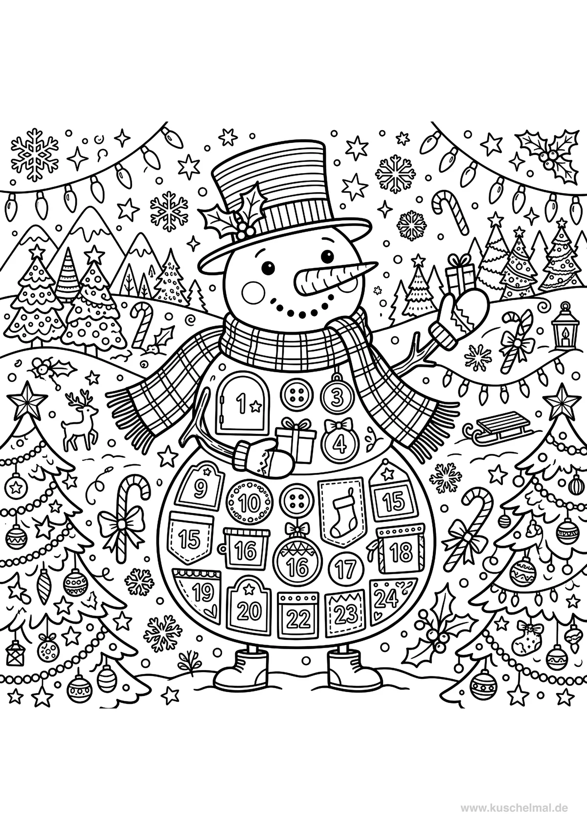 Ausmalbild Adventskalender Schneemann - Kostenloses Weihnachten Ausmalbild für Kinder zum Ausdrucken