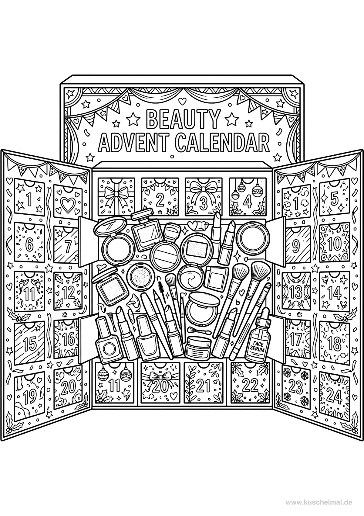 Ausmalbild Beauty Adventskalender - Kostenloses Make-up Ausmalbild für Kinder zum Ausdrucken