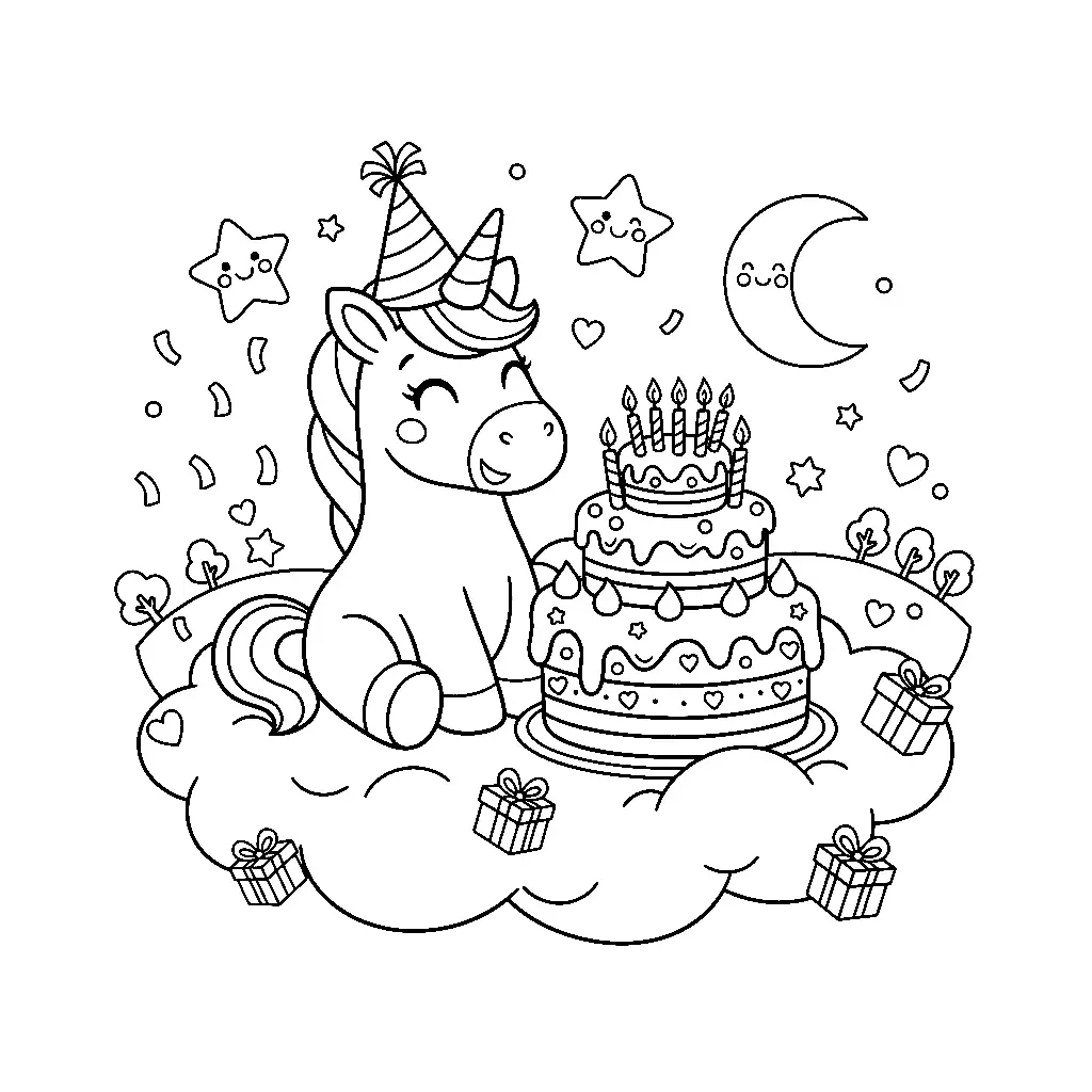 Einhorn Geburtstagskuchen  - Kostenloses Geburtstag Ausmalbild für Kinder zum Ausdrucken