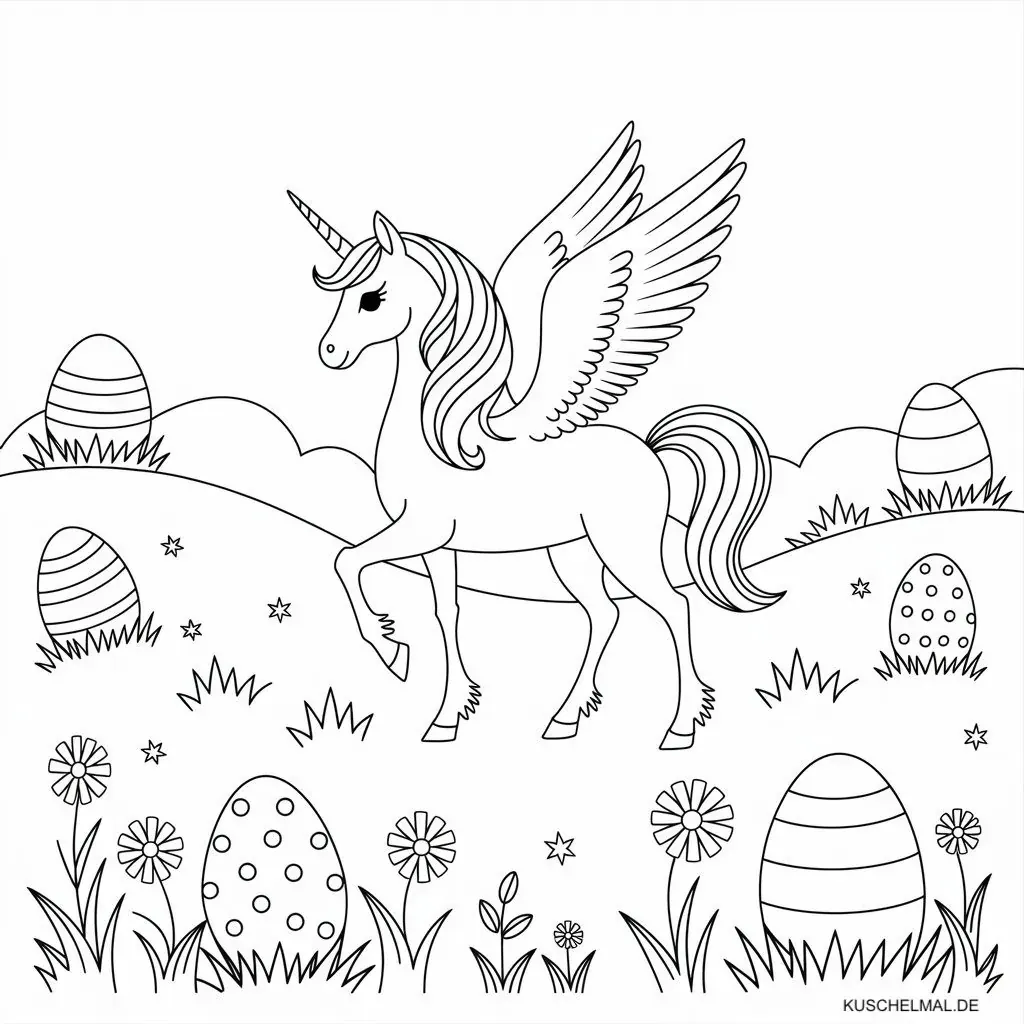 Ausmalbild Einhorn mit Fluegeln und Ostereiern - Kostenloses Einhorn Ausmalbild für Kinder zum Ausdrucken