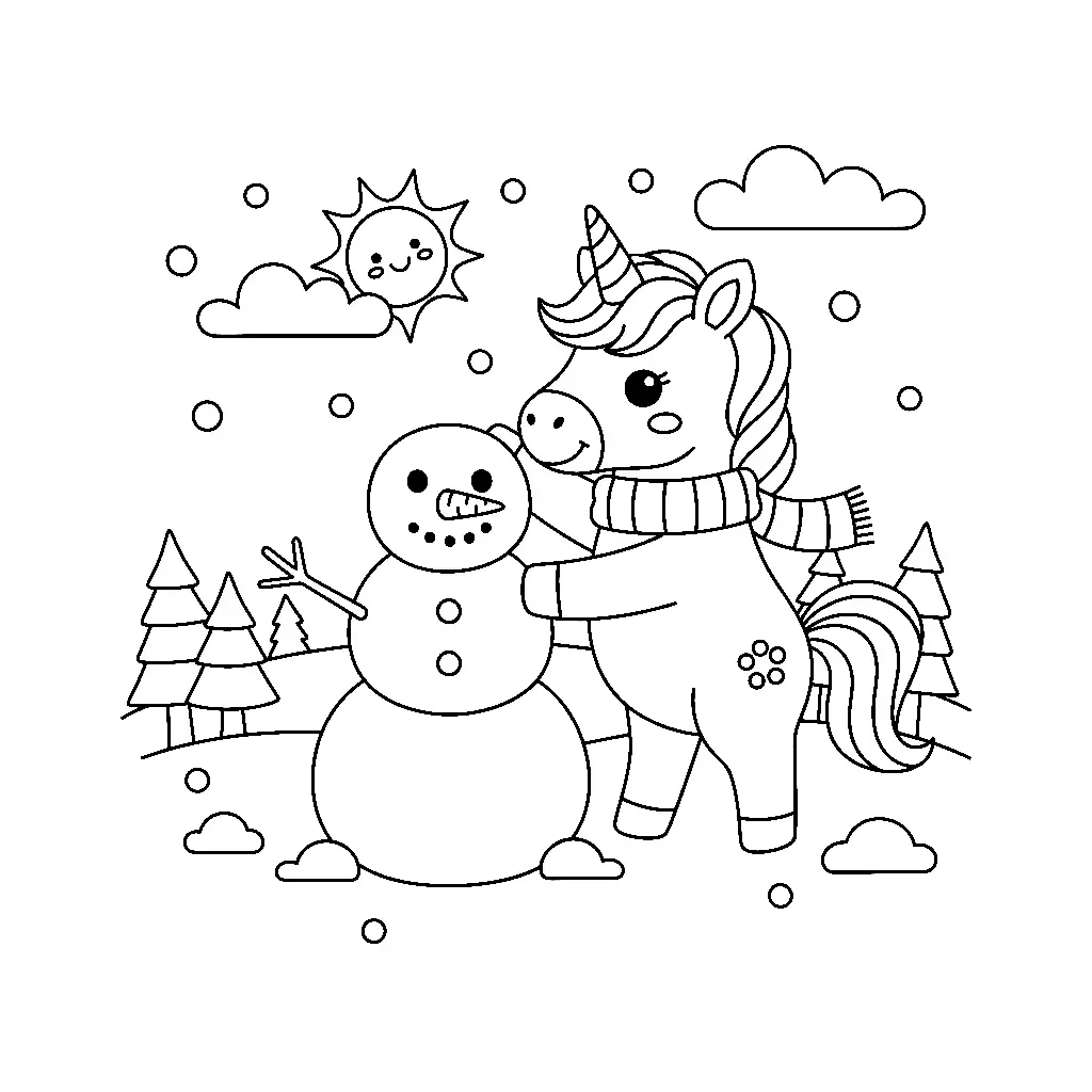 Einhorn baut Schneemann – Malvorlage - Kostenloses Winter Ausmalbild für Kinder zum Ausdrucken