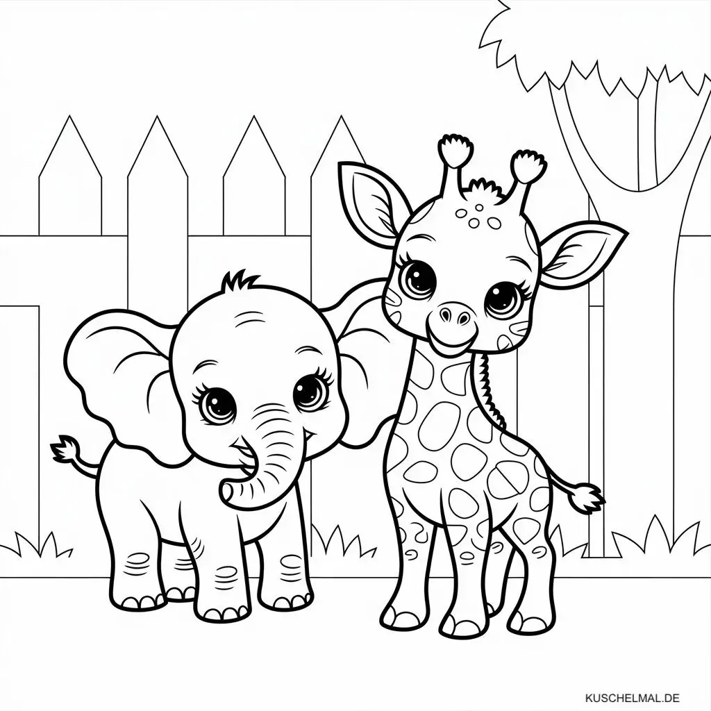 Ausmalbild Elefant und Giraffe Tierbabys - Kostenloses Tierbabys Ausmalbild für Kinder zum Ausdrucken