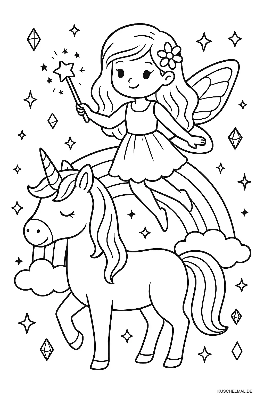 Ausmalbild Fee mit Einhorn & Regenbogen - Kostenloses Fantasy und Mythologie Ausmalbild für Kinder zum Ausdrucken