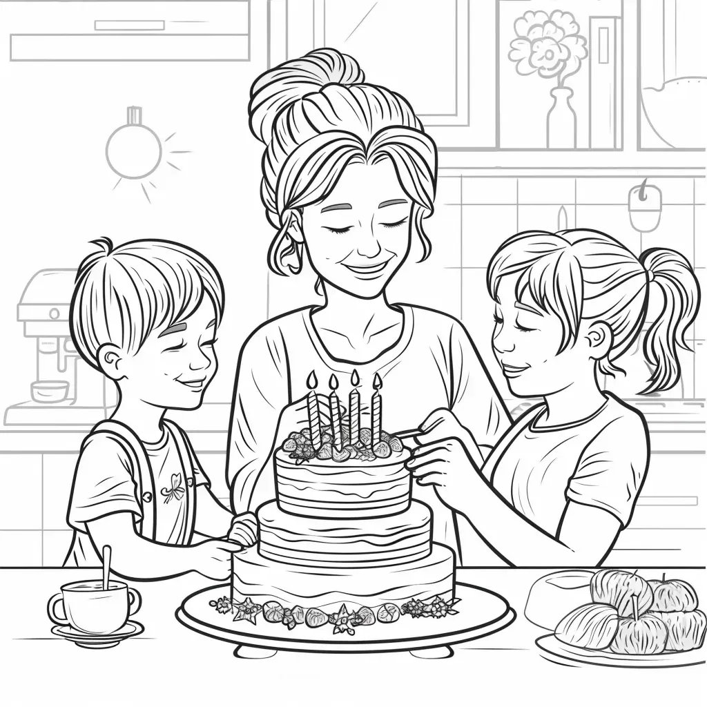 Liebevolle Geburtstagskarte Mama - Kostenloses Geburtstag Ausmalbild für Kinder zum Ausdrucken
