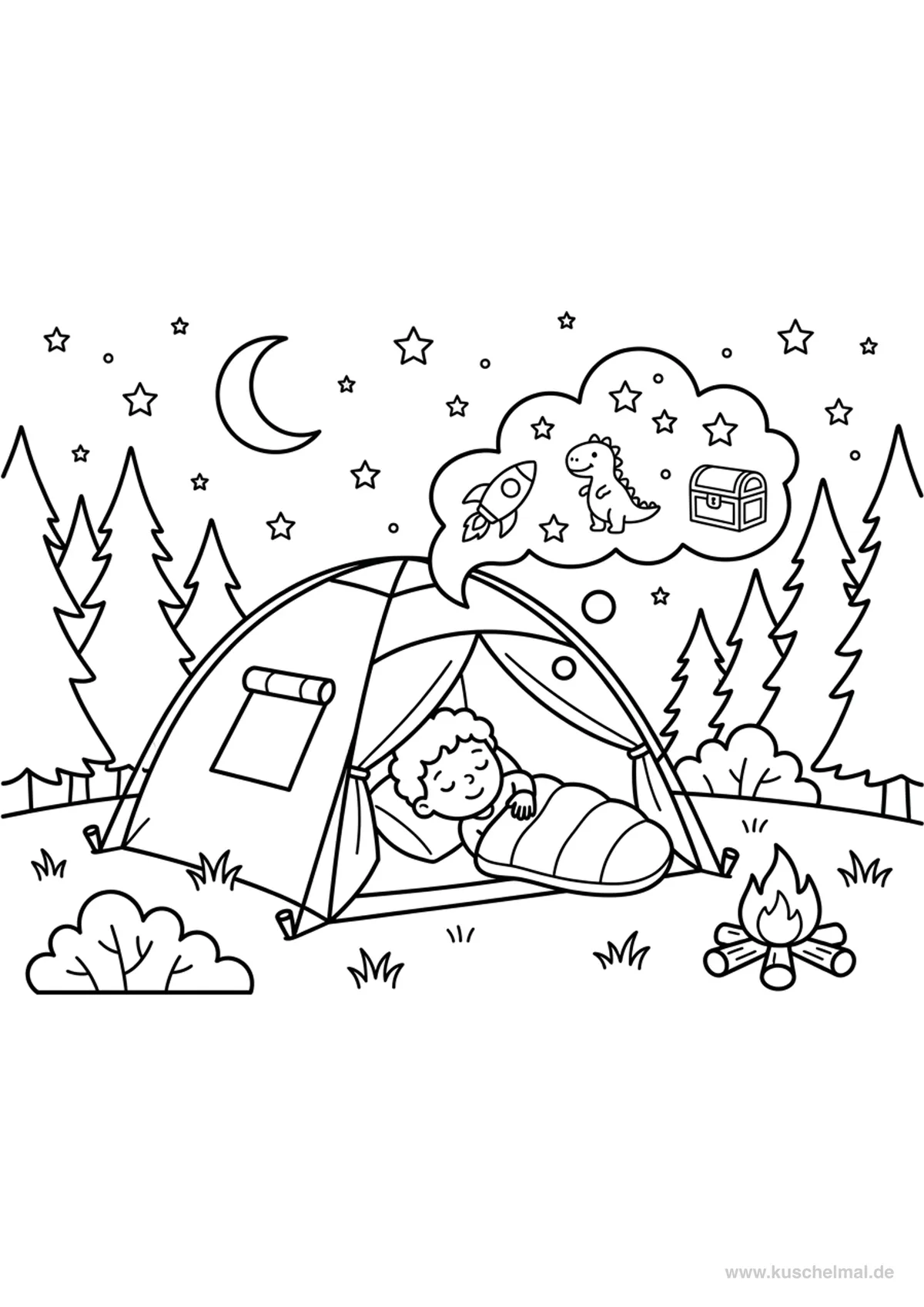 Bambino Sogna in Campeggio sotto il Cielo Stellato - Disegno di Estate da colorare gratis per bambini da stampare