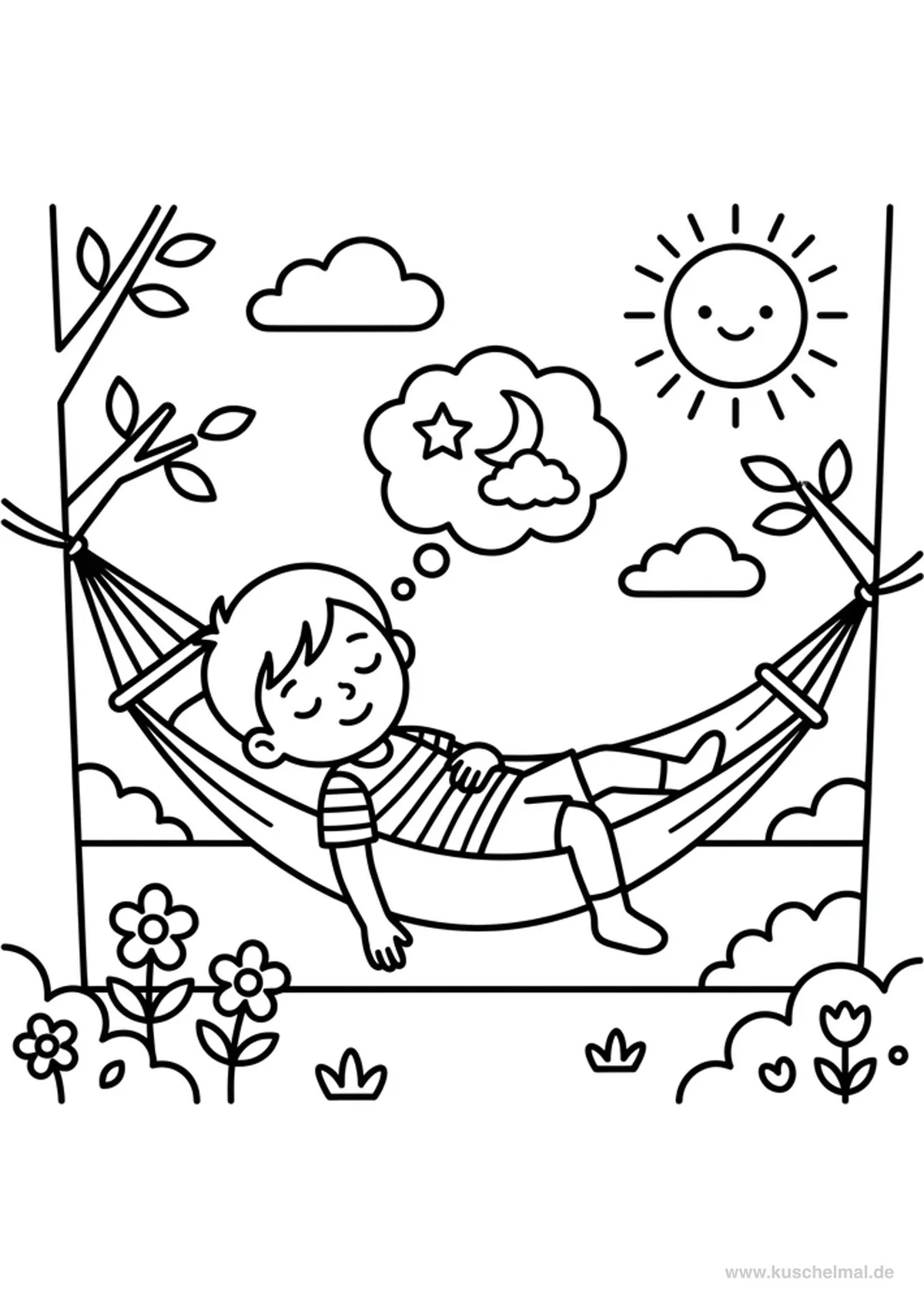 Bambino Sogna nell'Amaca in Giardino - Disegno di Estate da colorare gratis per bambini da stampare