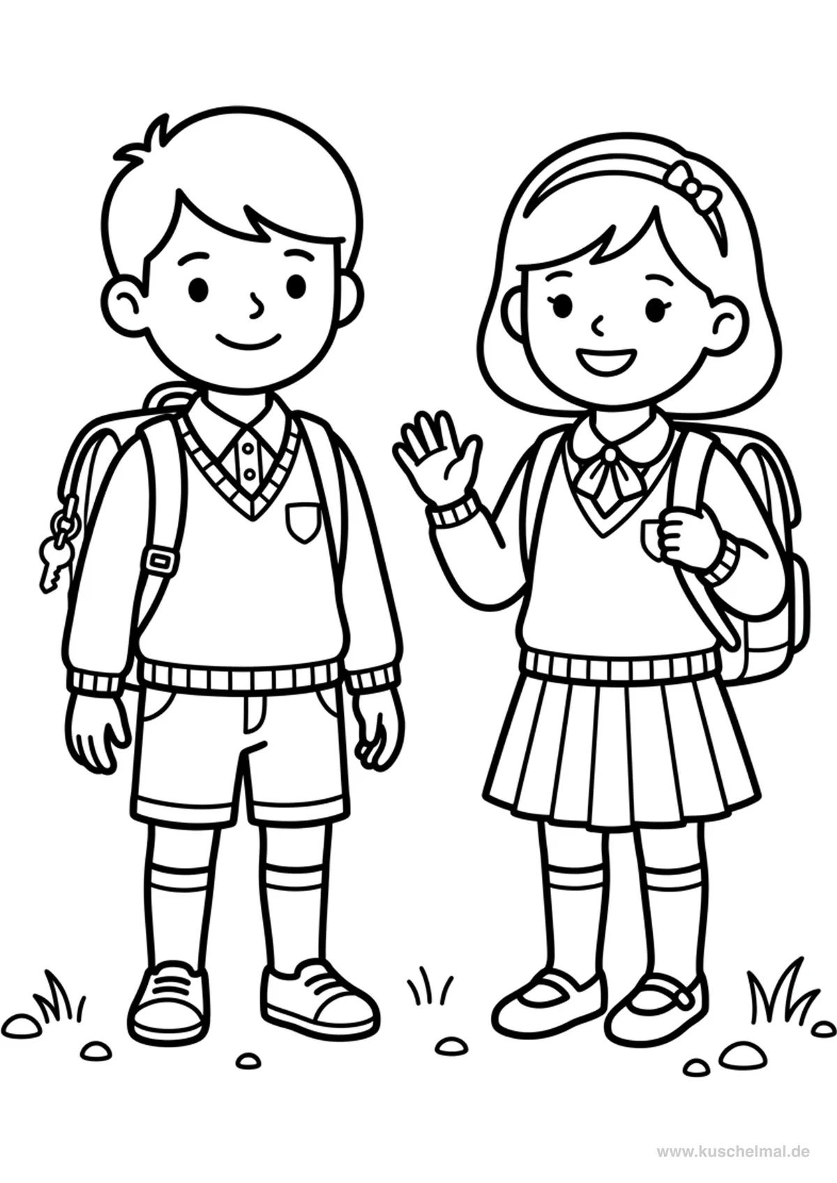 Bambini in Uniforme Scolastica - Disegno di Inizio Scuola da colorare gratis per bambini da stampare