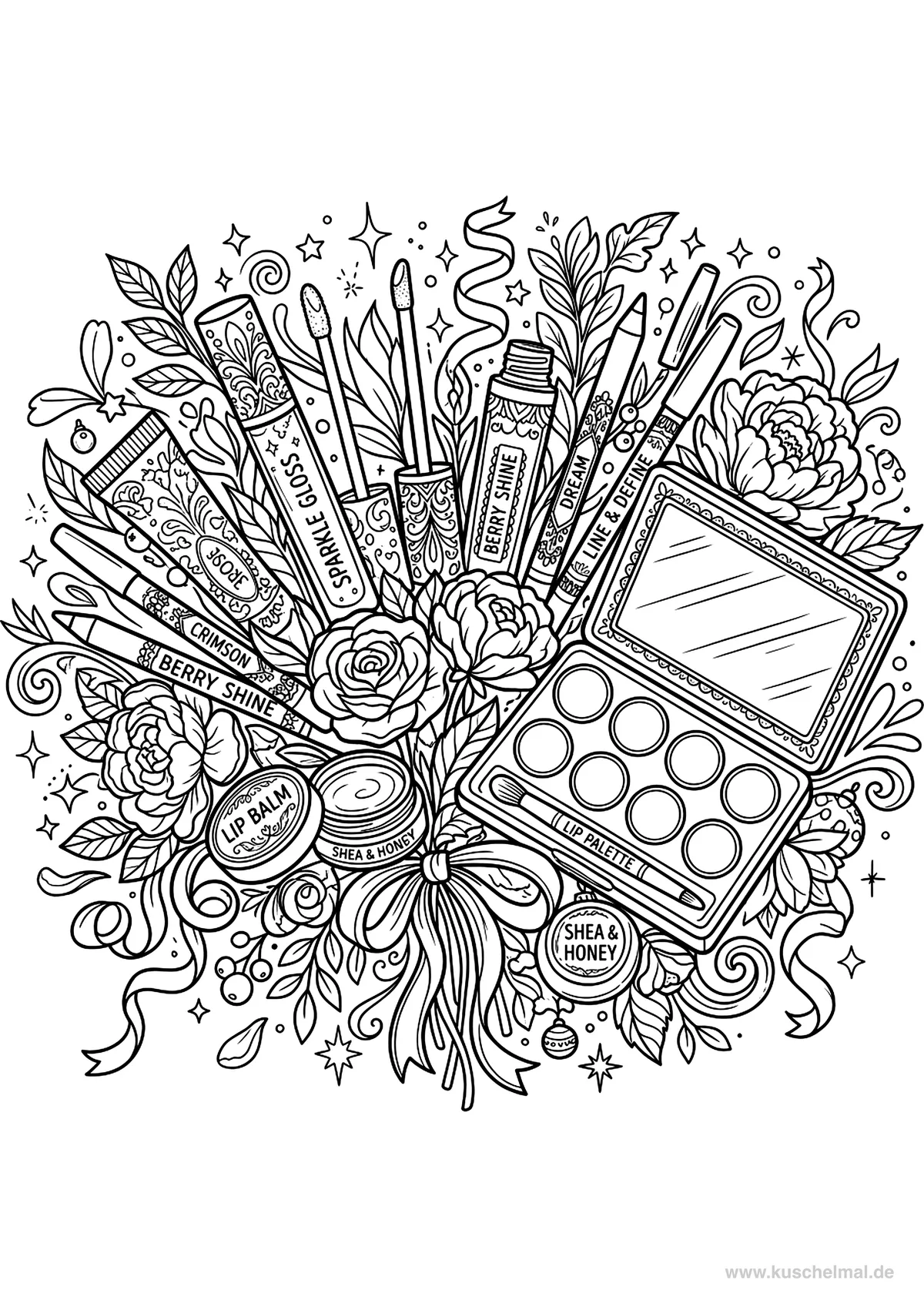 Ausmalbild Lipgloss Sammlung - Kostenloses Make-up Ausmalbild für Kinder zum Ausdrucken