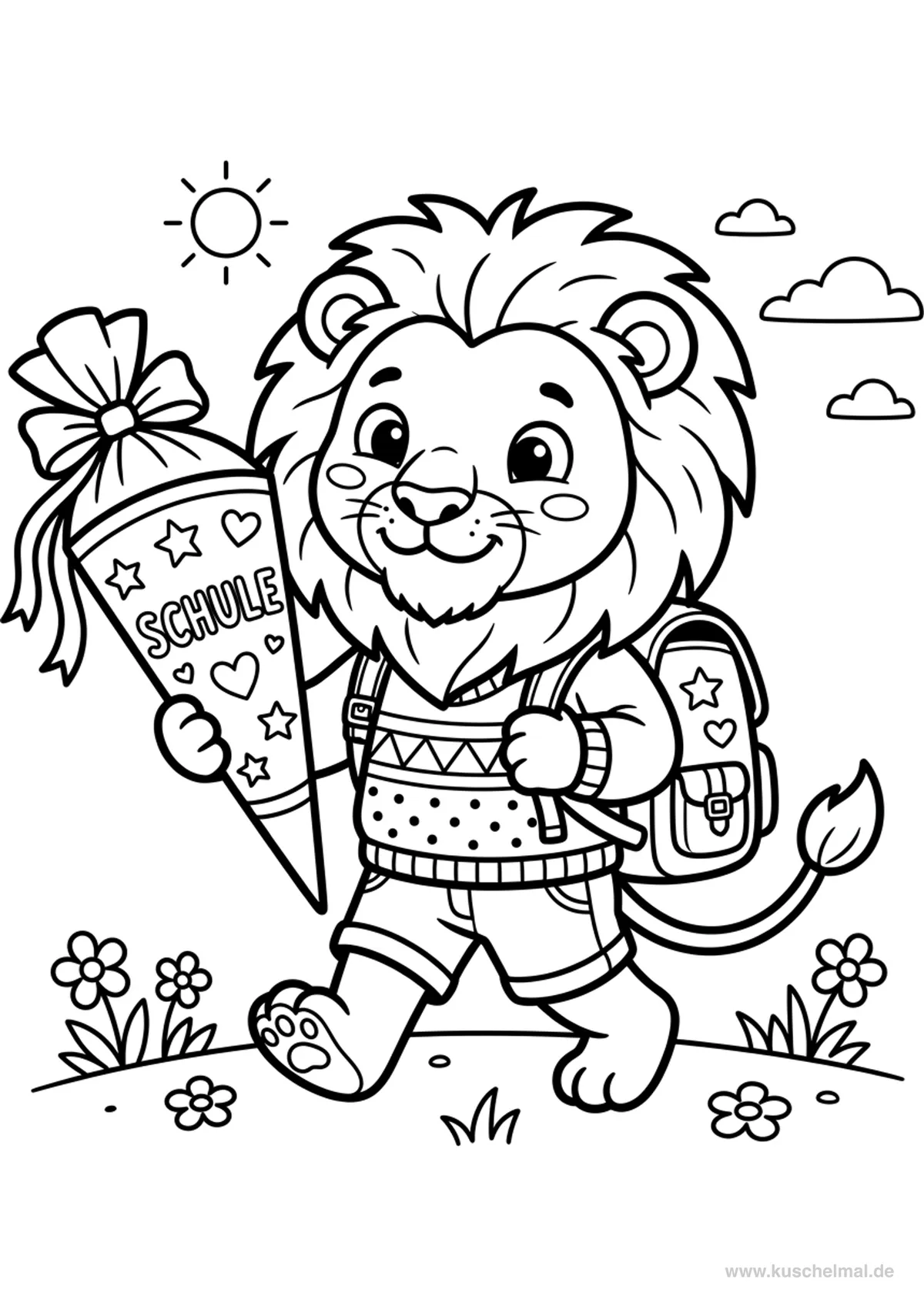 Leone con Cartoccio Scolastico - Disegno di Cartoccio Scolastico da colorare gratis per bambini da stampare
