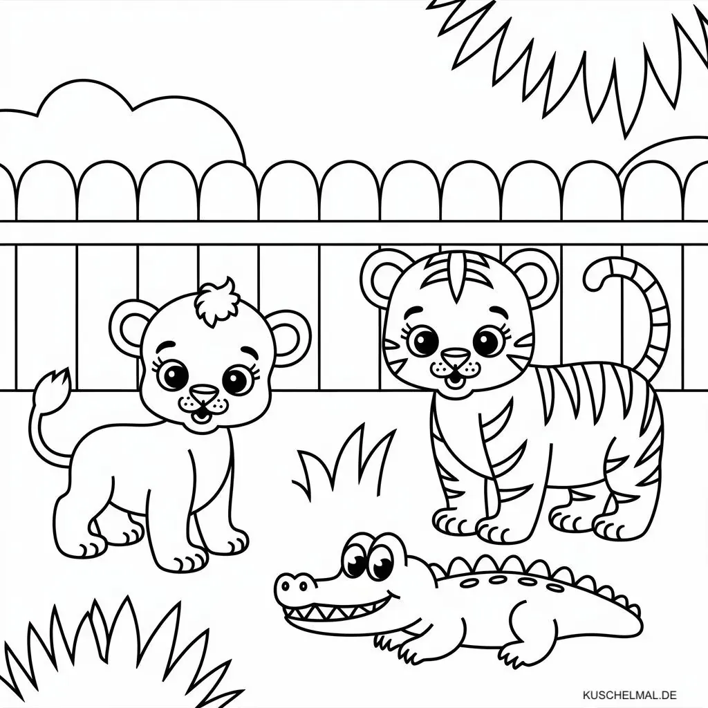 Ausmalbild Löwe mit Tiger und Krokodil tierbabys  - Kostenloses Tierbabys Ausmalbild für Kinder zum Ausdrucken