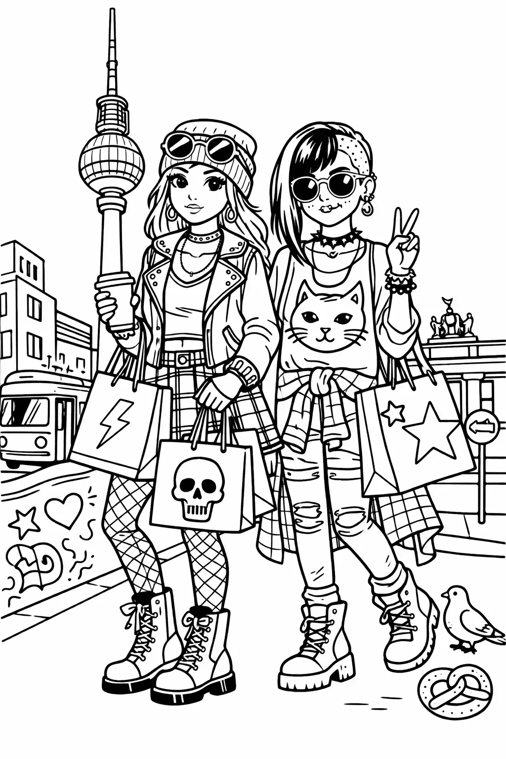 Ausmalbild Fashion-Models beim Shoppen in Berlin - Kostenloses Fashion & Models Ausmalbilder Ausmalbild für Kinder zum Ausdrucken