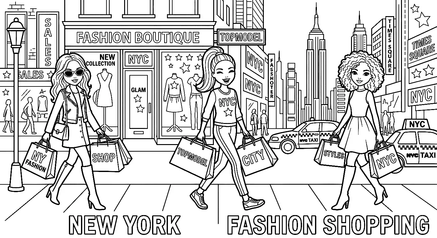 Ausmalbild Fashion-Models beim Shoppen in New York - Kostenloses Fashion & Models Ausmalbilder Ausmalbild für Kinder zum Ausdrucken