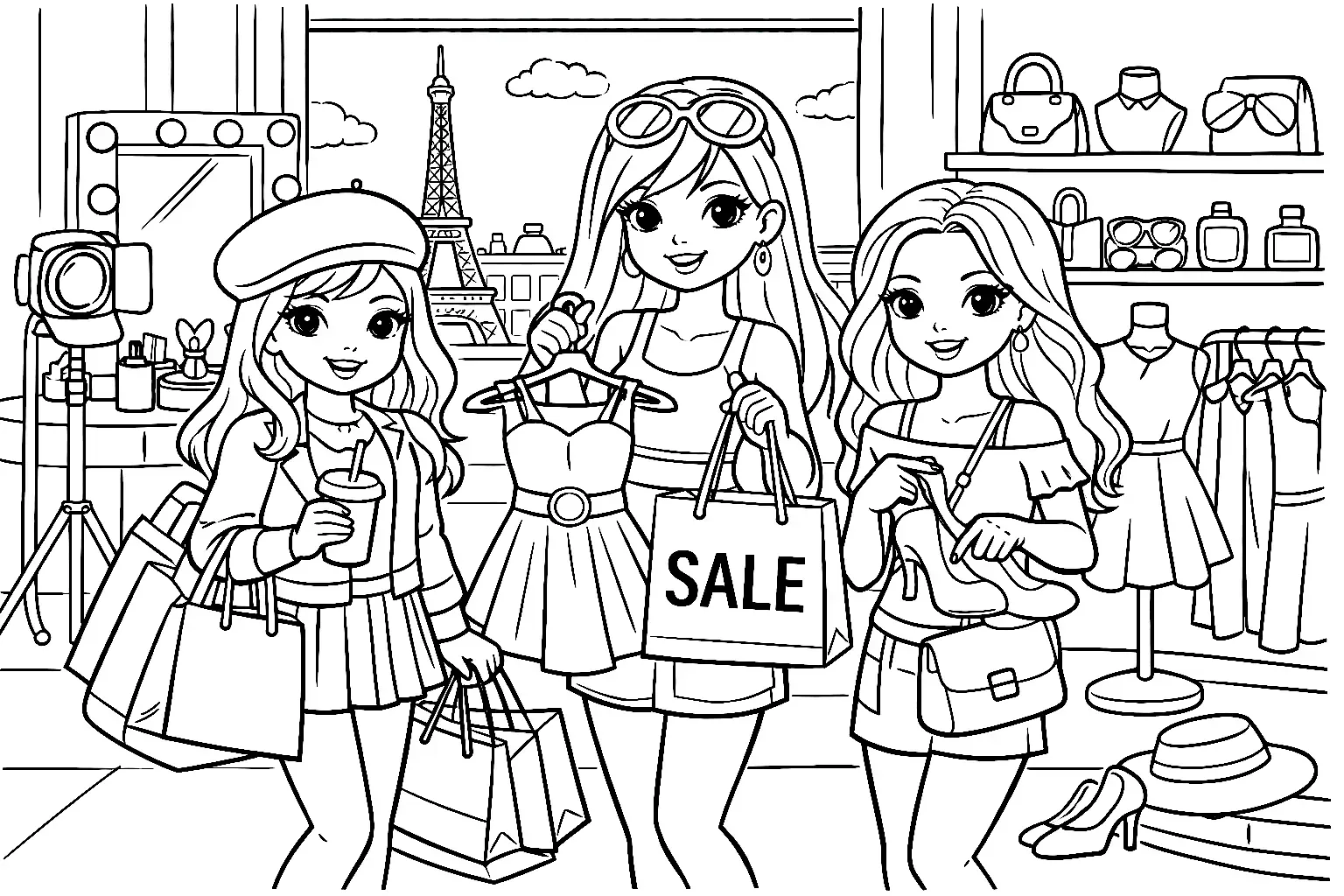 Ausmalbild Fashion-Models beim Shoppen in Paris - Kostenloses Fashion & Models Ausmalbilder Ausmalbild für Kinder zum Ausdrucken