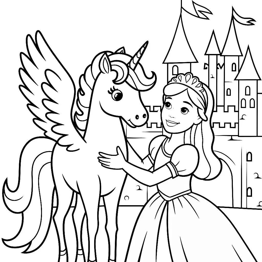 Prinzessin und Einhorn mit Flügeln - Kostenloses Einhorn Ausmalbild für Kinder zum Ausdrucken