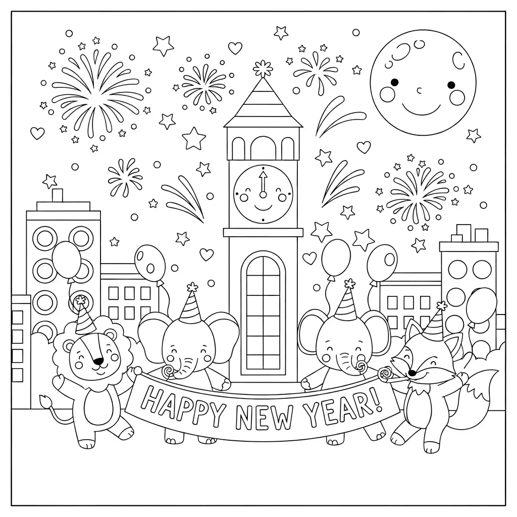 Ausmalbild Silvester mit Tiere - Kostenloses Silvester Ausmalbild für Kinder zum Ausdrucken
