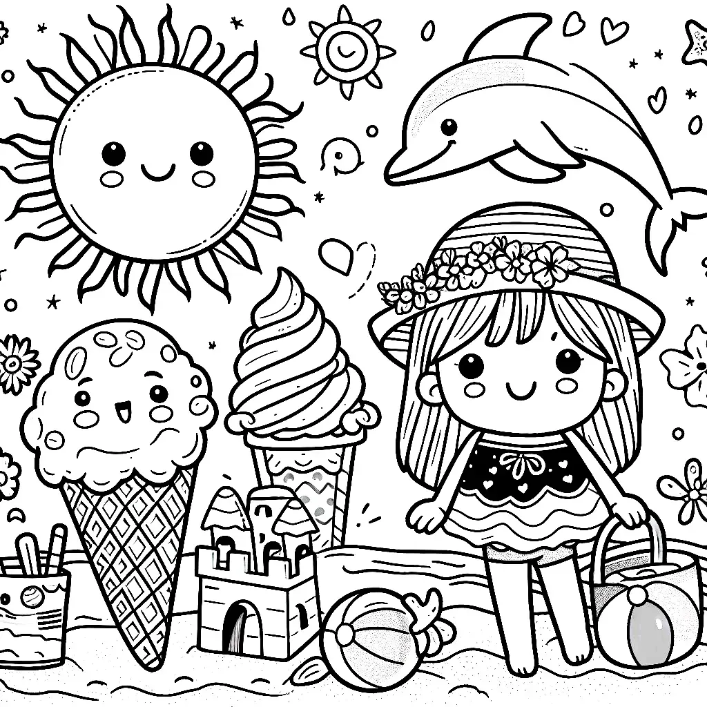 Sonniger Sommertag Malvorlage - Kostenloses Sommer Ausmalbild für Kinder zum Ausdrucken
