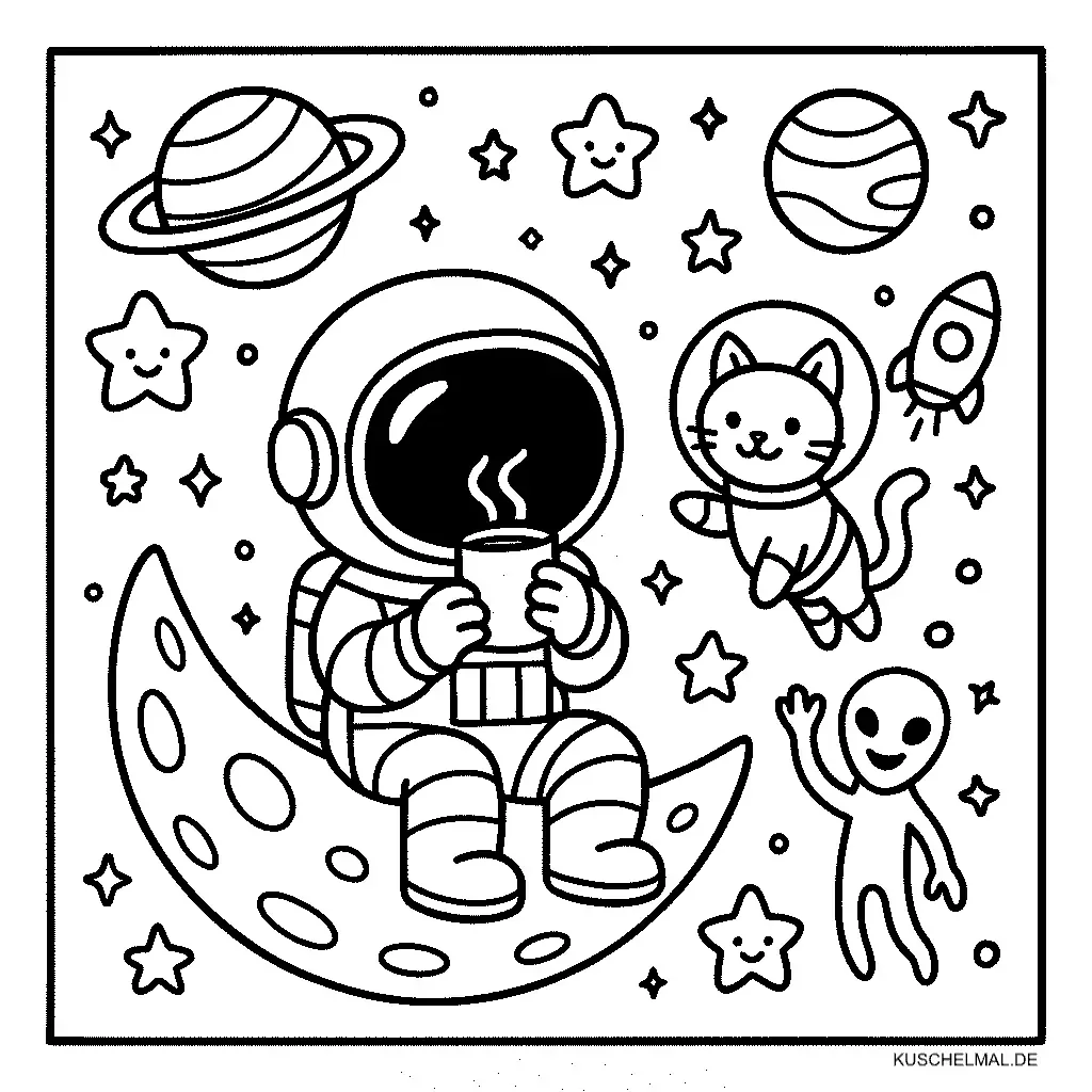 Ausmalbild Weltraum Abenteuer – Astronaut & Katze im All - Kostenloses Weltraum Ausmalbilder Ausmalbild für Kinder zum Ausdrucken
