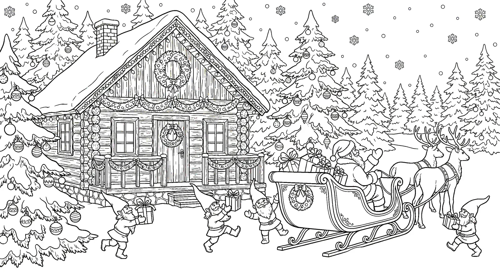 Ausmalbild Wichtel und Weihnachtsmann - Kostenloses Weihnachtselfen Ausmalbild für Kinder zum Ausdrucken