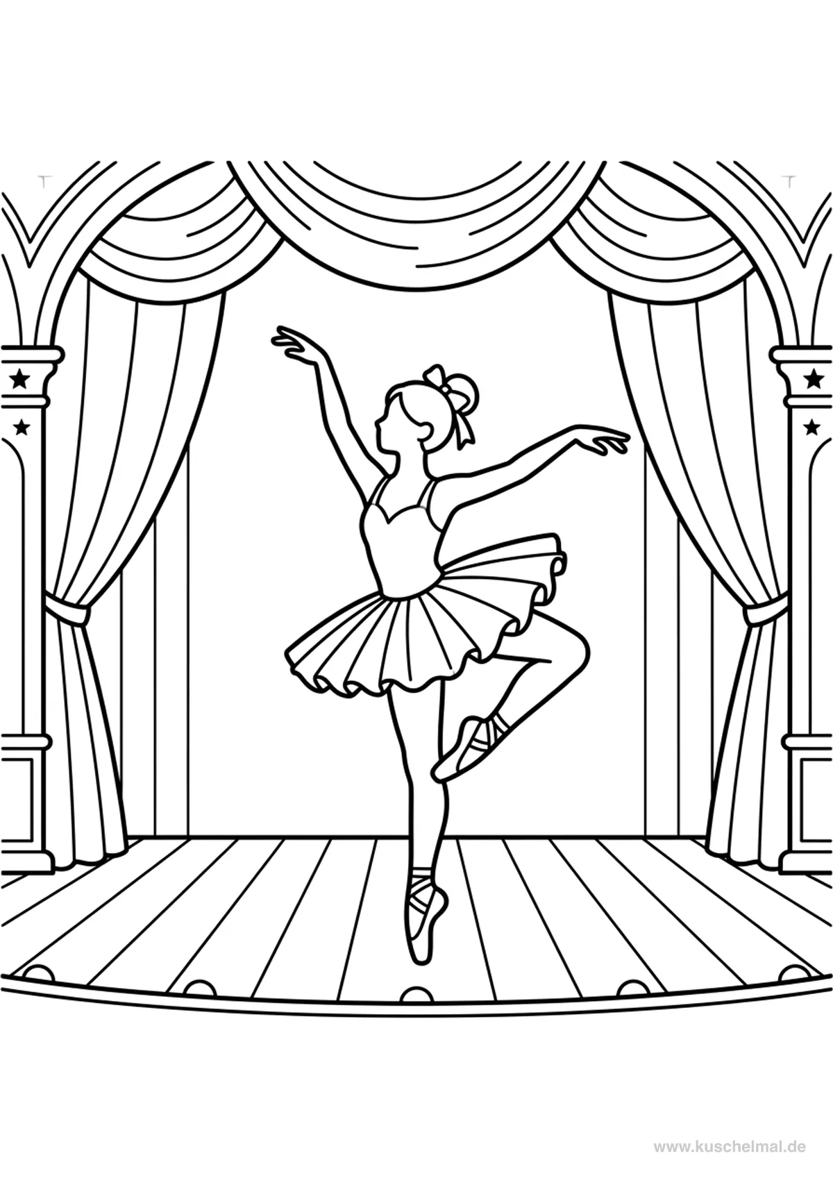 Ballerina auf Bühne Ausmalbild - Kostenloses Ballett Ausmalbild für Kinder zum Ausdrucken