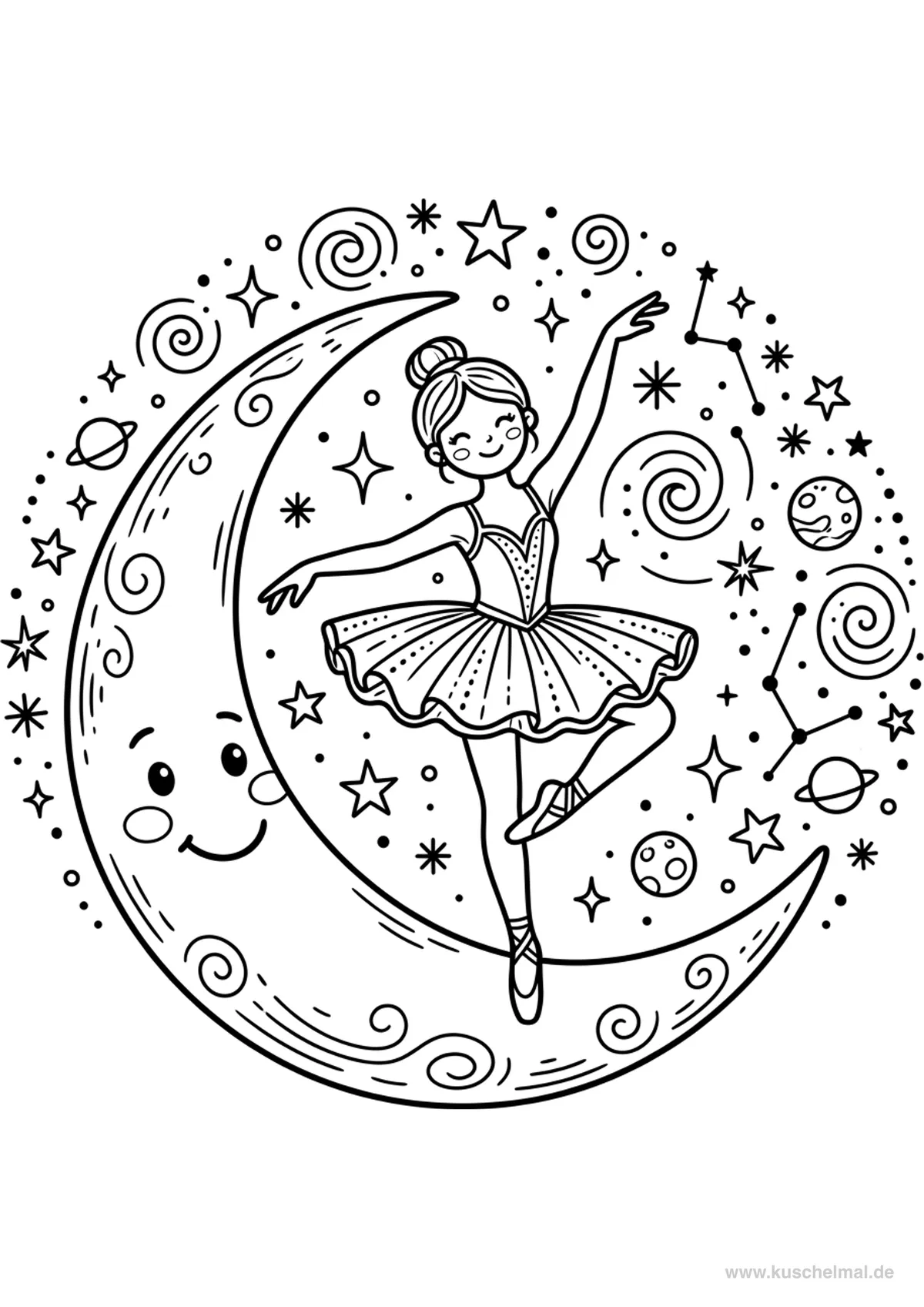 Ballerina auf dem Mond Ausmalbild - Kostenloses Ballett Ausmalbild für Kinder zum Ausdrucken
