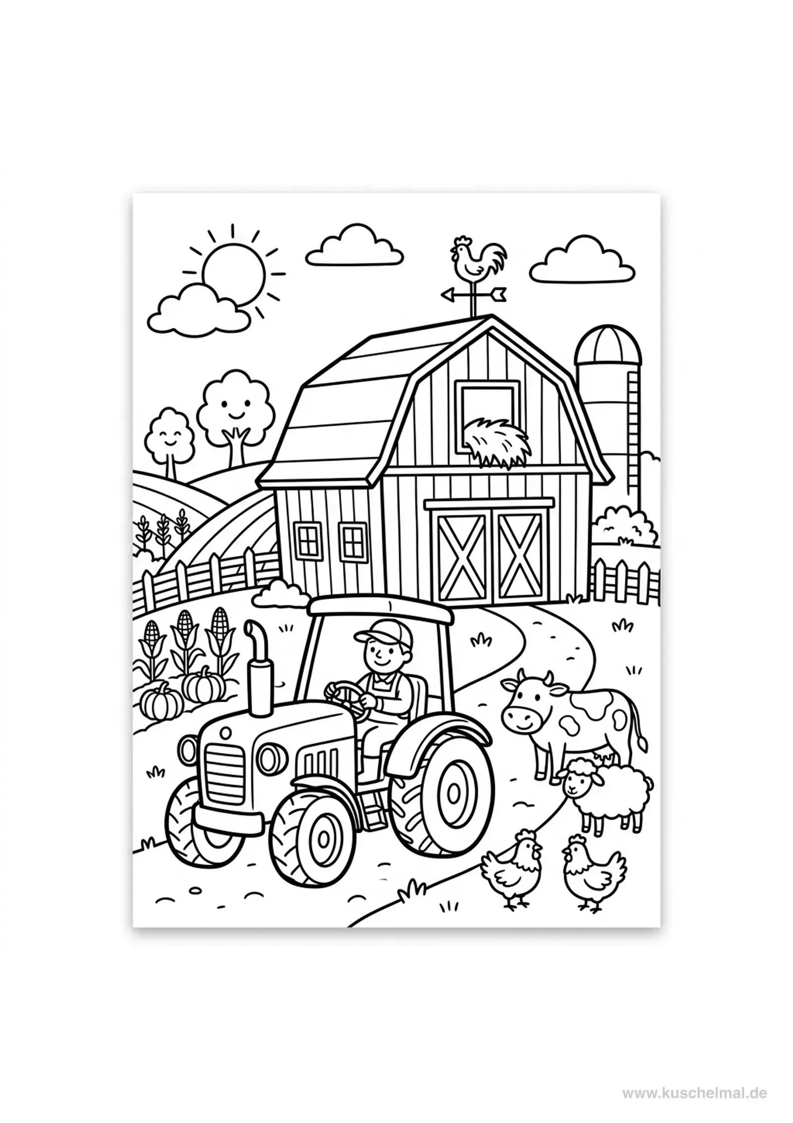 Bauernhof mit Traktor und Scheune - Kostenloses Bauernhof Ausmalbild für Kinder zum Ausdrucken