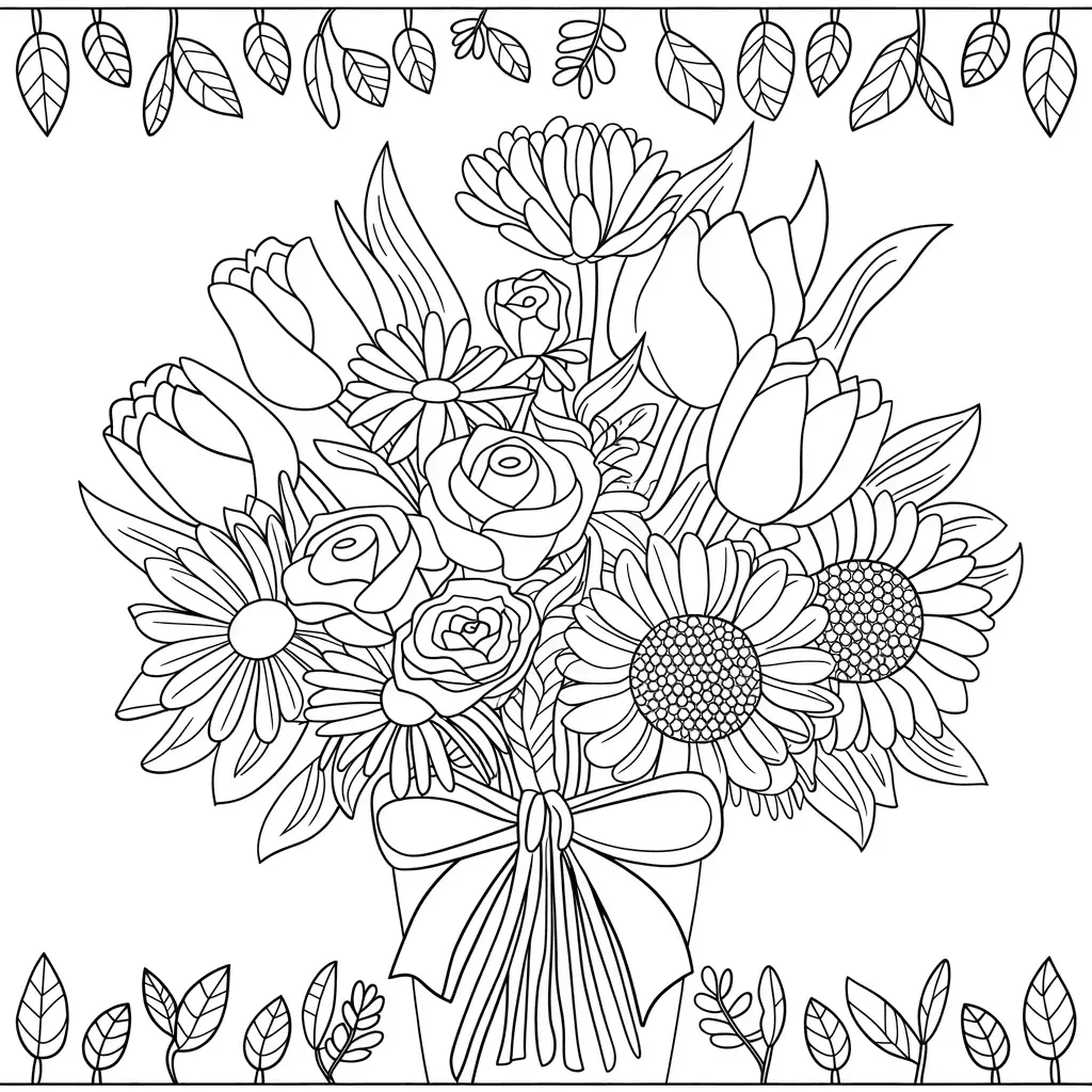 Frühlingshafter Blumenstrauß Ausmalbild - Kostenloses Blumenstrauß Ausmalbild für Kinder zum Ausdrucken