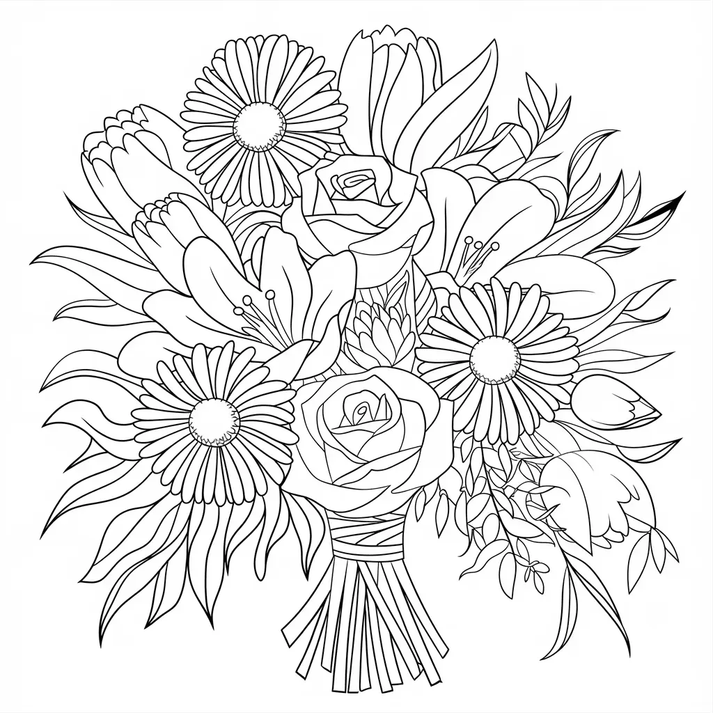 Bunter Blumenstrauß Ausmalbild - Kostenloses Blumenstrauß Ausmalbild für Kinder zum Ausdrucken