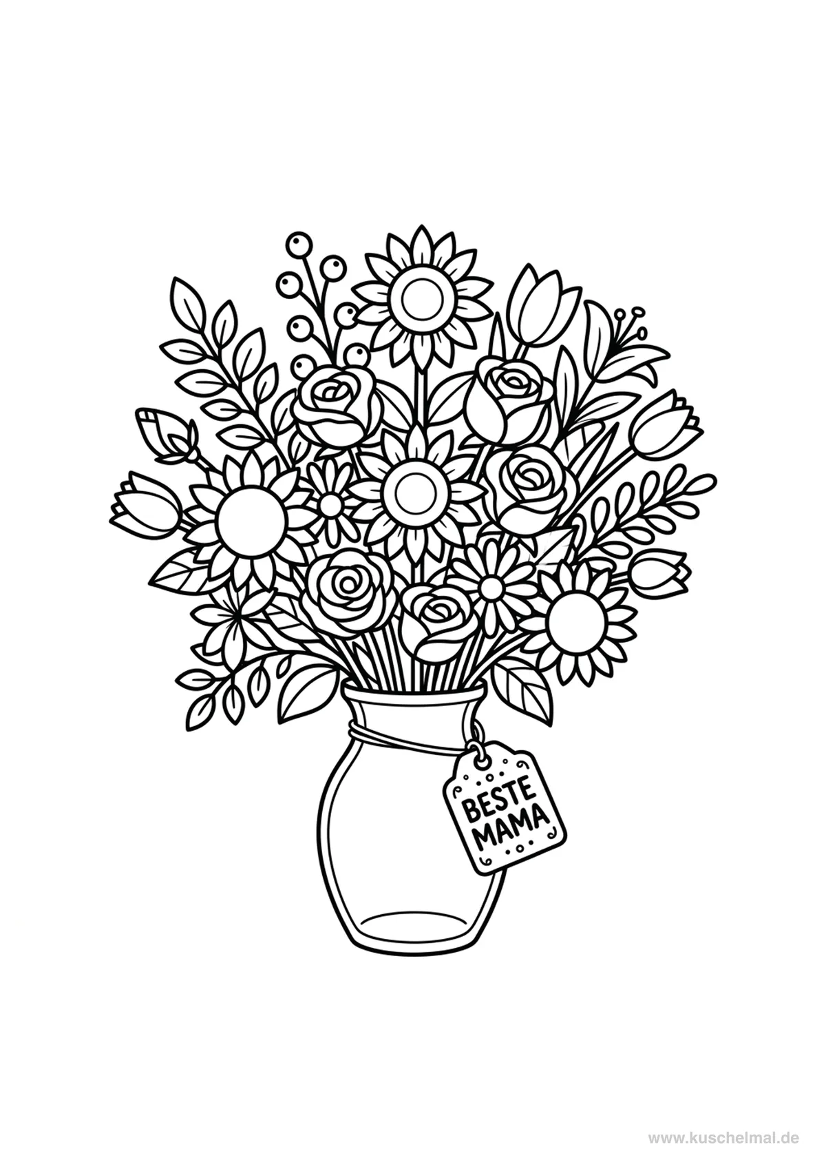 Blumenstrauß Beste Mama - Kostenloses Blumenstrauß Ausmalbild für Kinder zum Ausdrucken