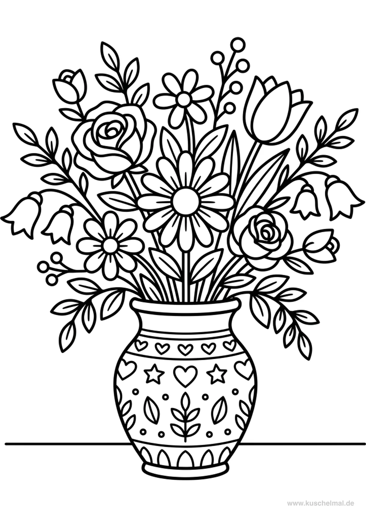 Blumenstrauß in einer Vase - Kostenloses Blumenstrauß Ausmalbild für Kinder zum Ausdrucken