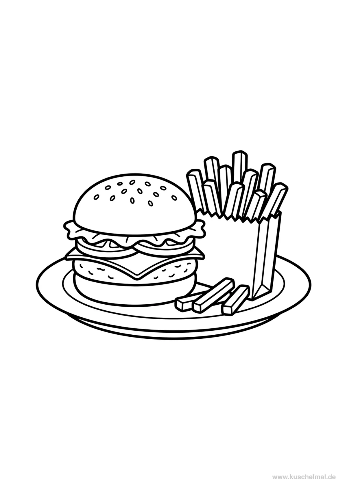 Burger und Pommes Ausmalbild - Kostenloses Essen Ausmalbild für Kinder zum Ausdrucken