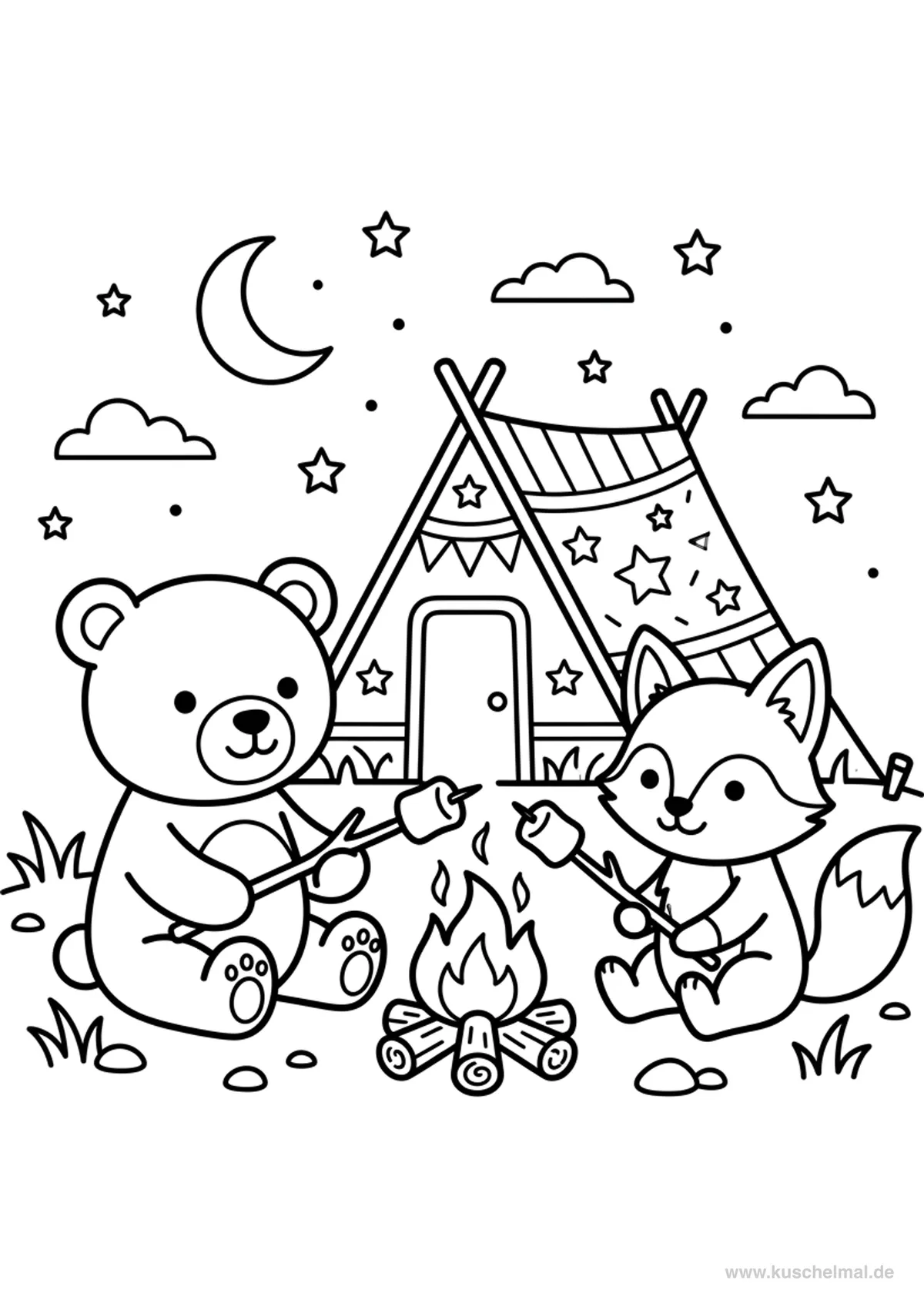 Camping Abenteuer - Kostenloses Sommer Ausmalbild für Kinder zum Ausdrucken