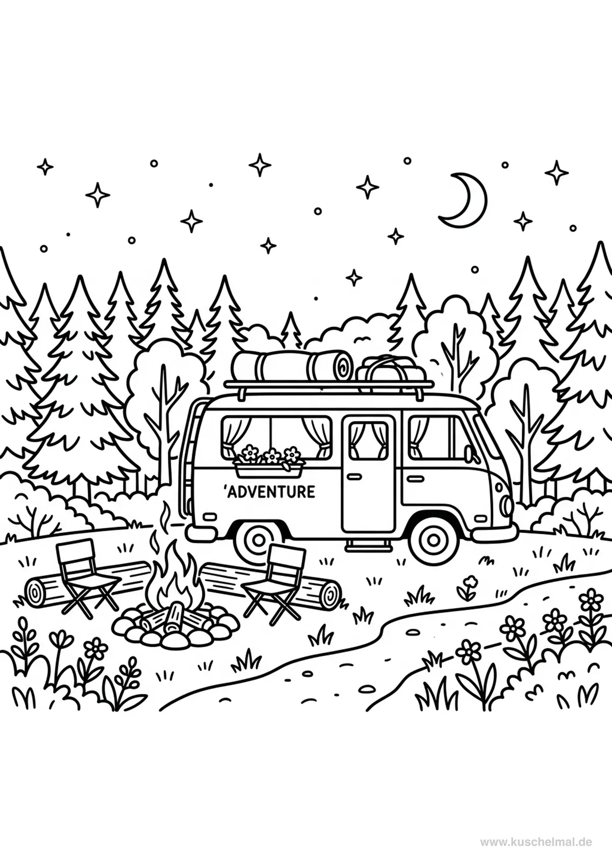 Campeggio con Camper nel Bosco - Disegno di Vacanze da colorare gratis per bambini da stampare
