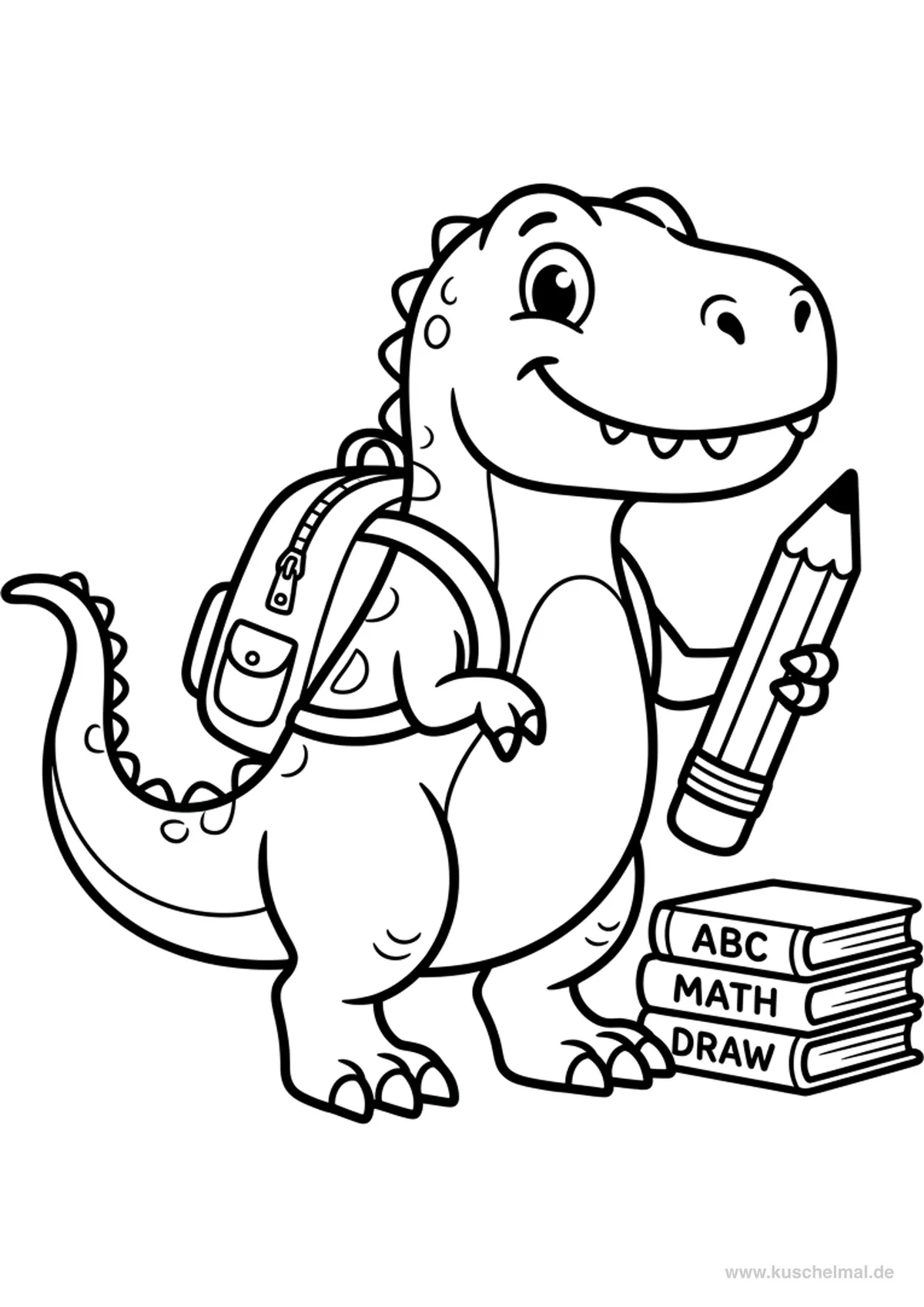Cooler Dinosaurier mit Schulranzen - Kostenloses Dinosaurier Ausmalbild für Kinder zum Ausdrucken
