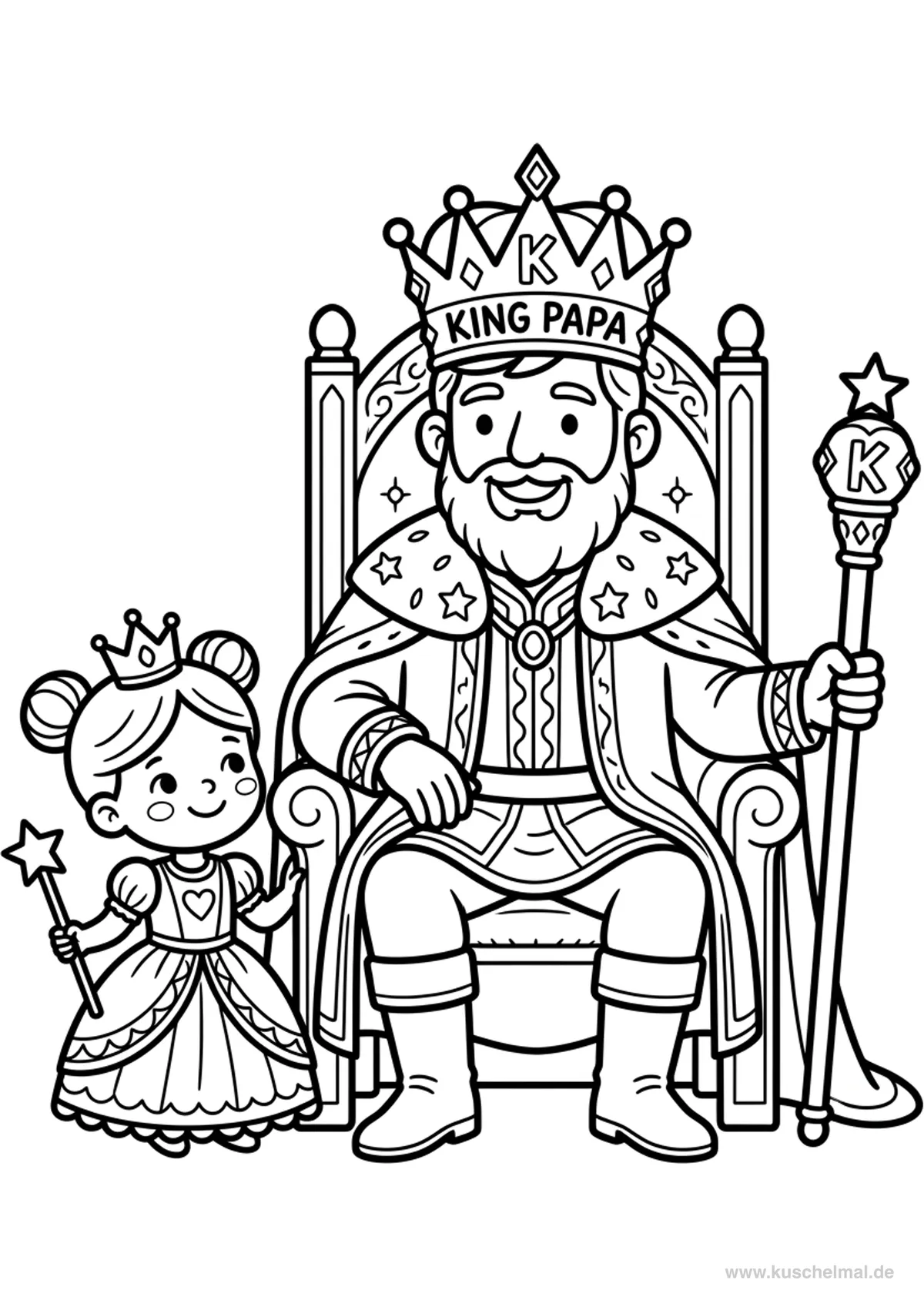 Cooler Papa als König - Kostenloses Vatertag Ausmalbild für Kinder zum Ausdrucken und Ausmalen