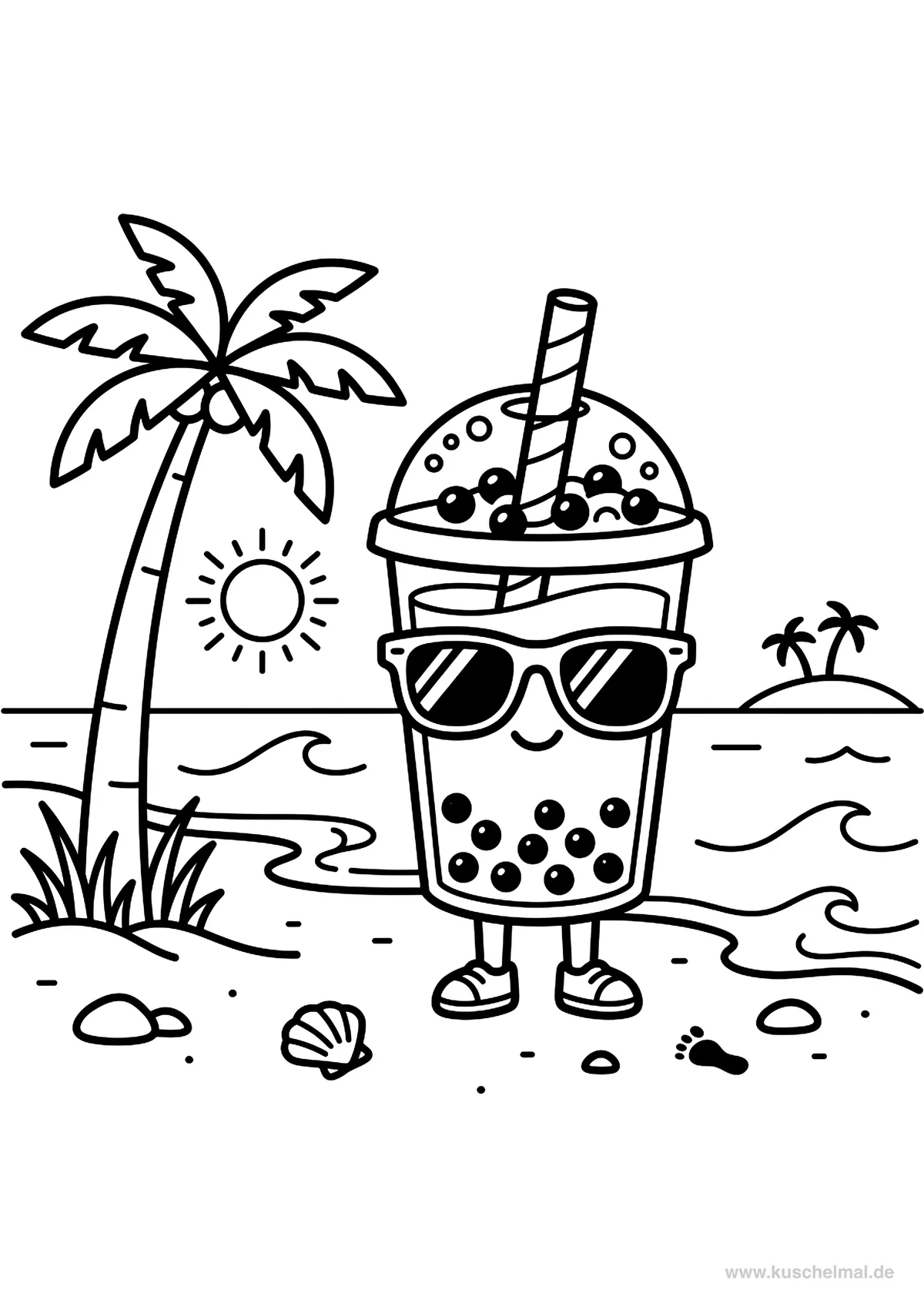 Cooler Sommer Bubble Tea am Strand - Kostenloses Bubble Tea Ausmalbild für Kinder zum Ausdrucken