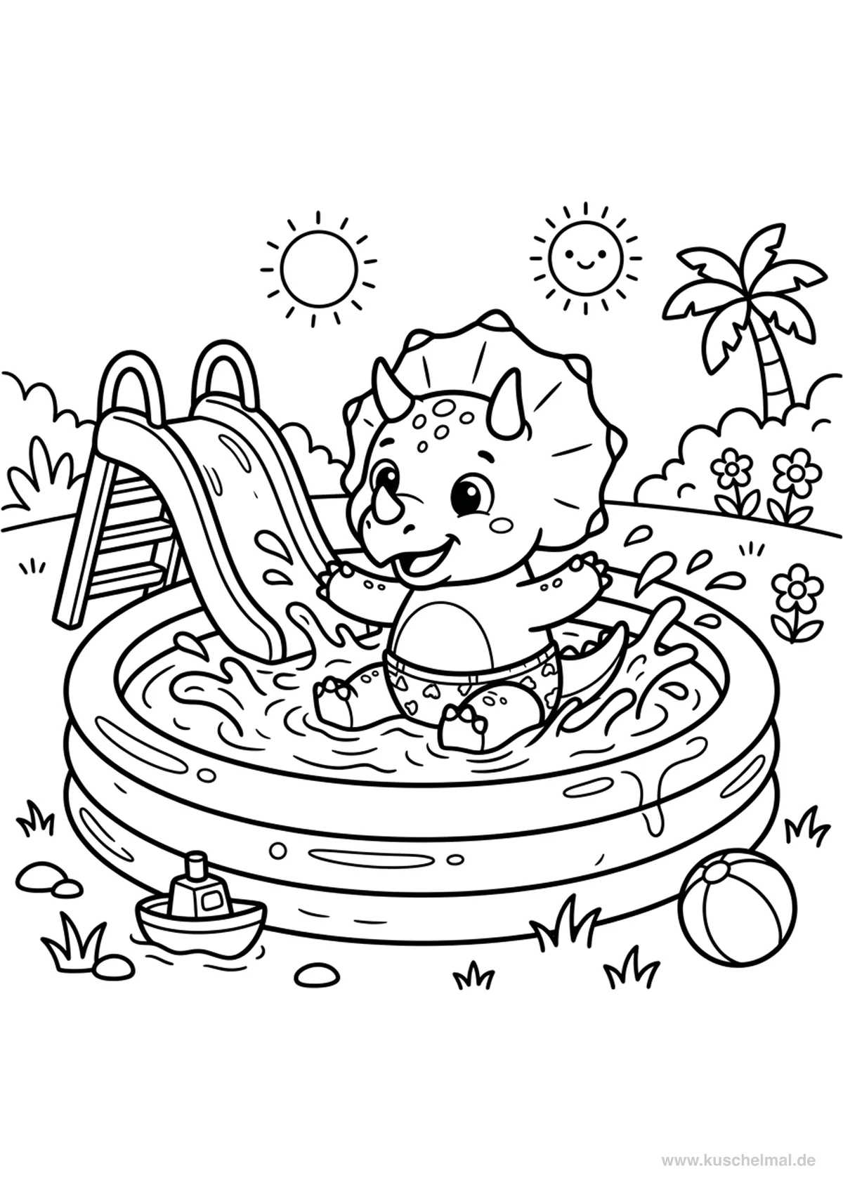 Dino nella Piscina Gonfiabile - Disegno di Estate da colorare gratis per bambini da stampare