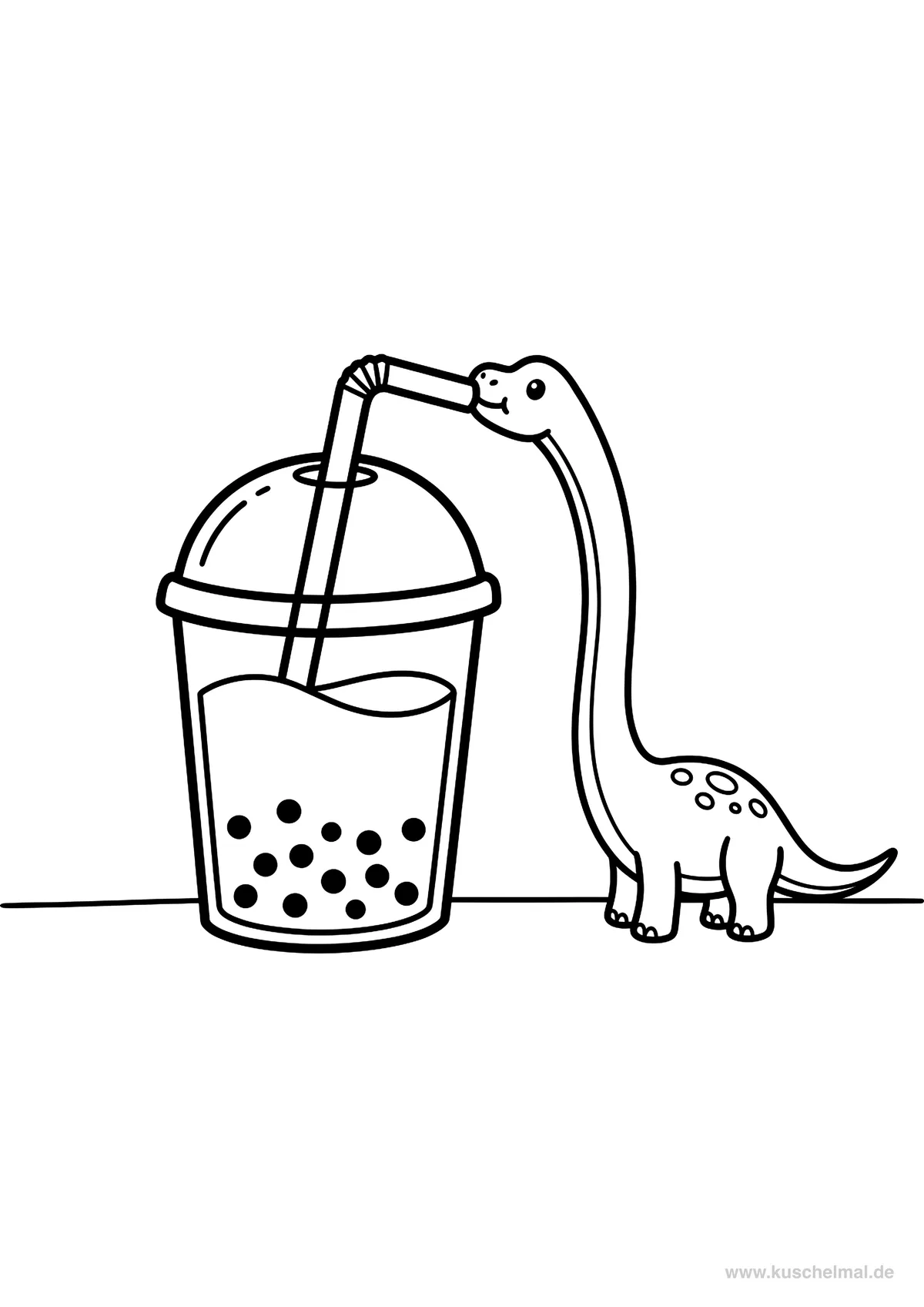 Dinosaurier trinkt Bubble Tea - Kostenloses Bubble Tea Ausmalbild für Kinder zum Ausdrucken