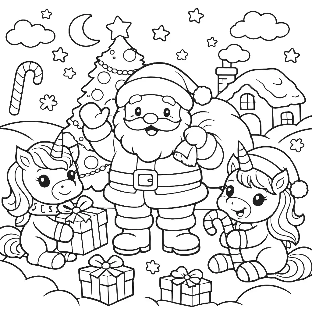 Einhörner mit Weihnachtsmann Ausmalbild - Kostenloses Weihnachten Ausmalbild für Kinder zum Ausdrucken