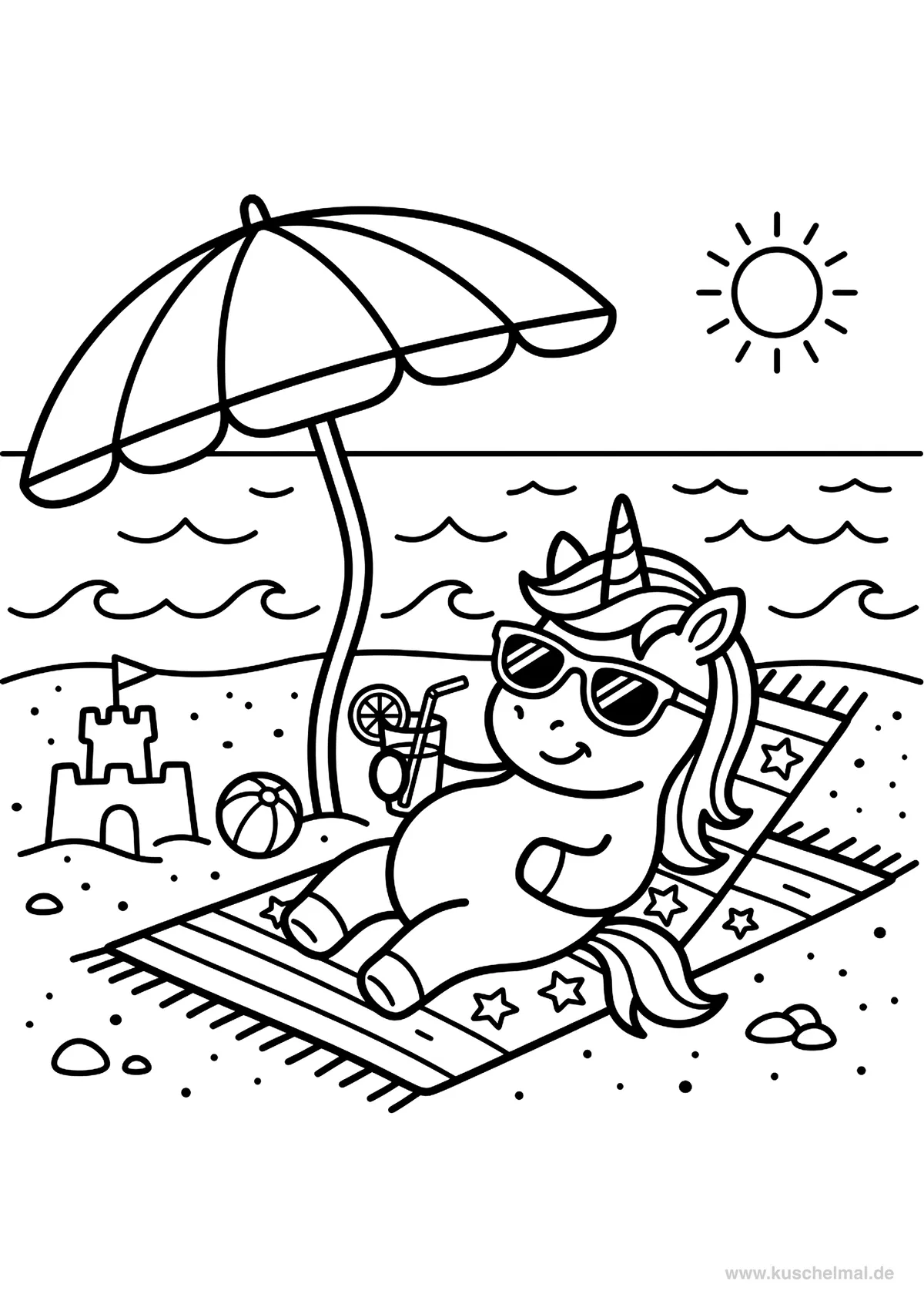 Unicorno sulla Spiaggia - Disegno di Unicorno da colorare gratis per bambini da stampare
