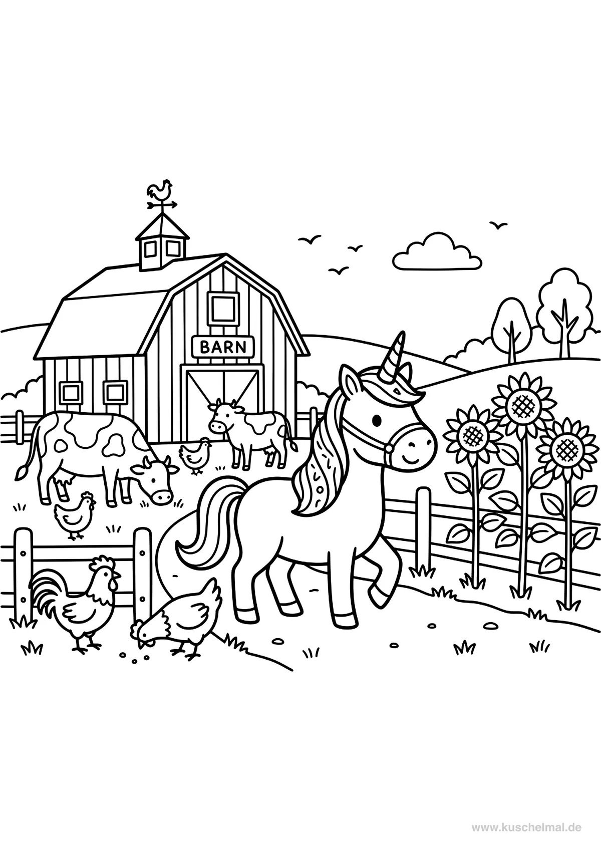 Unicorno in Fattoria - Disegno di Unicorno da colorare gratis per bambini da stampare
