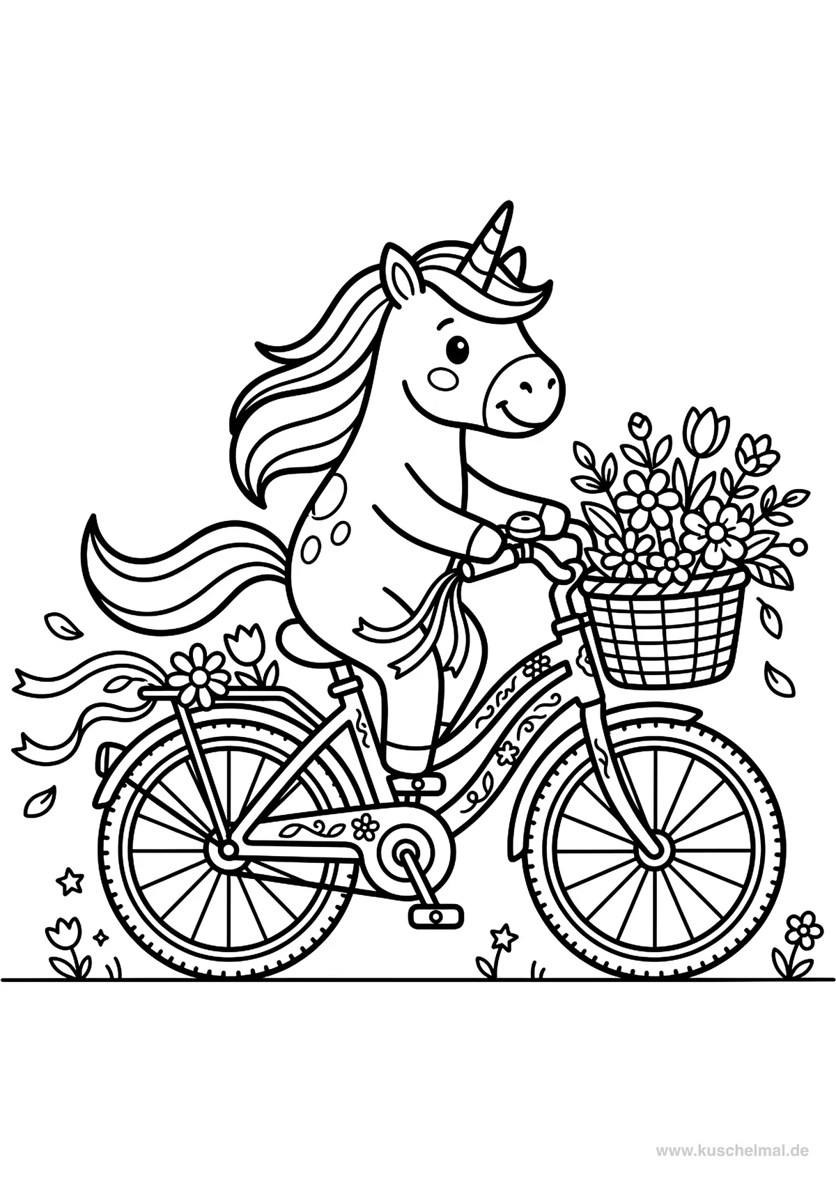 Unicorno in Bicicletta - Disegno di Unicorno da colorare gratis per bambini da stampare