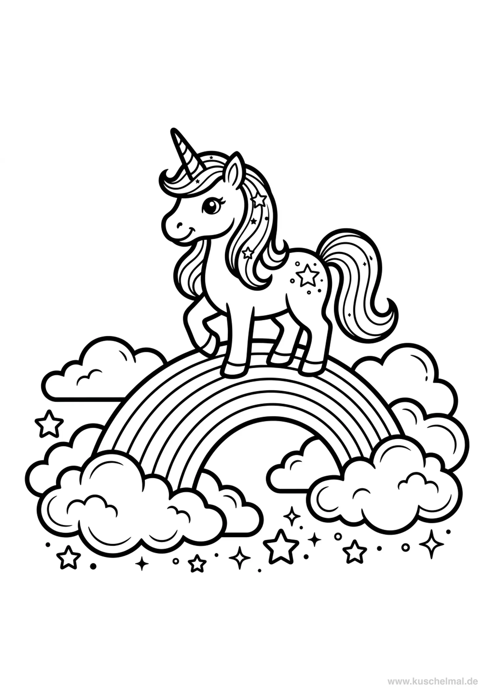 Einhorn auf einem Regenbogen - Kostenloses Einhorn Ausmalbild für Kinder zum Ausdrucken