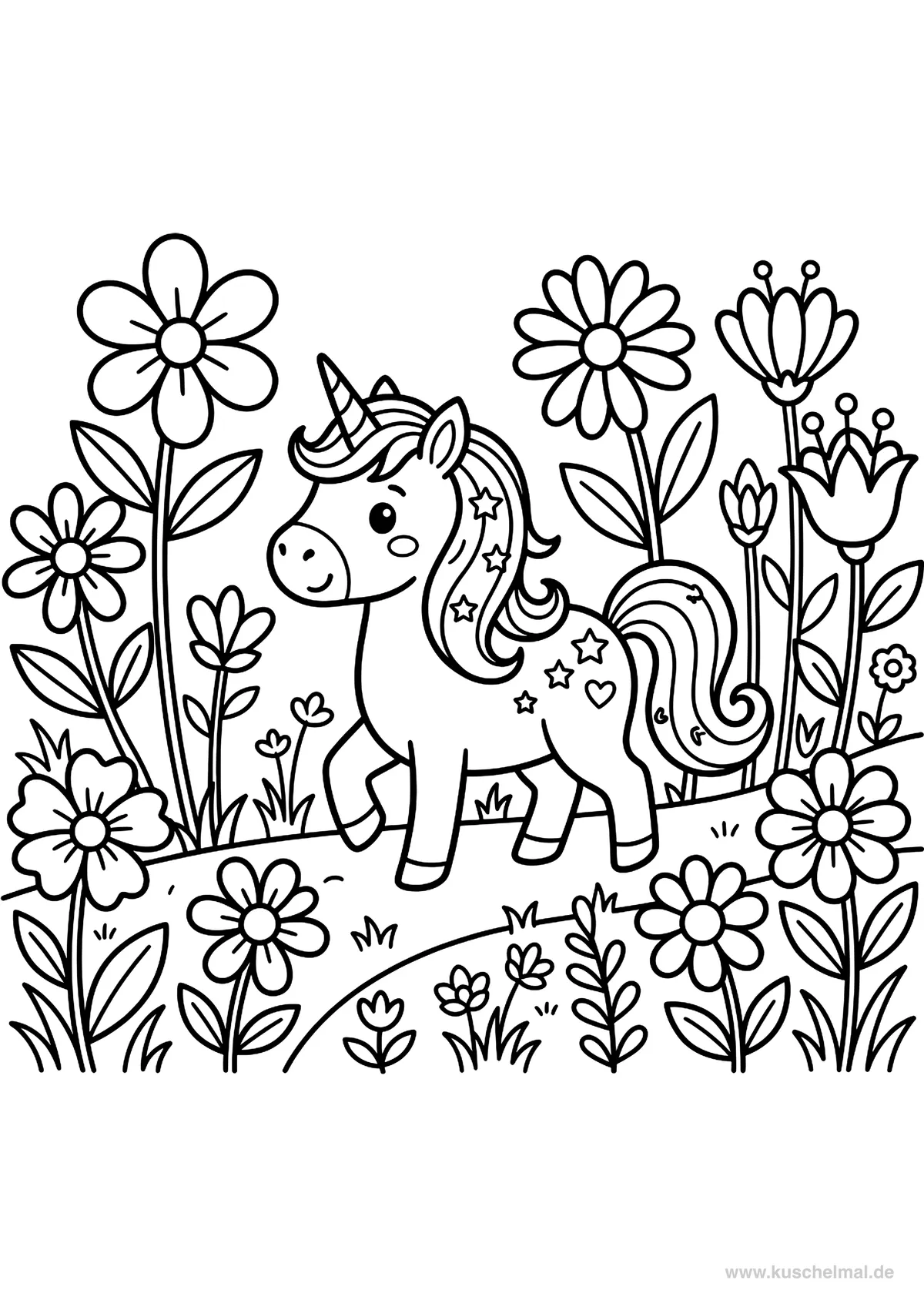 Unicorno in un Prato Fiorito - Disegno di Unicorno da colorare gratis per bambini da stampare