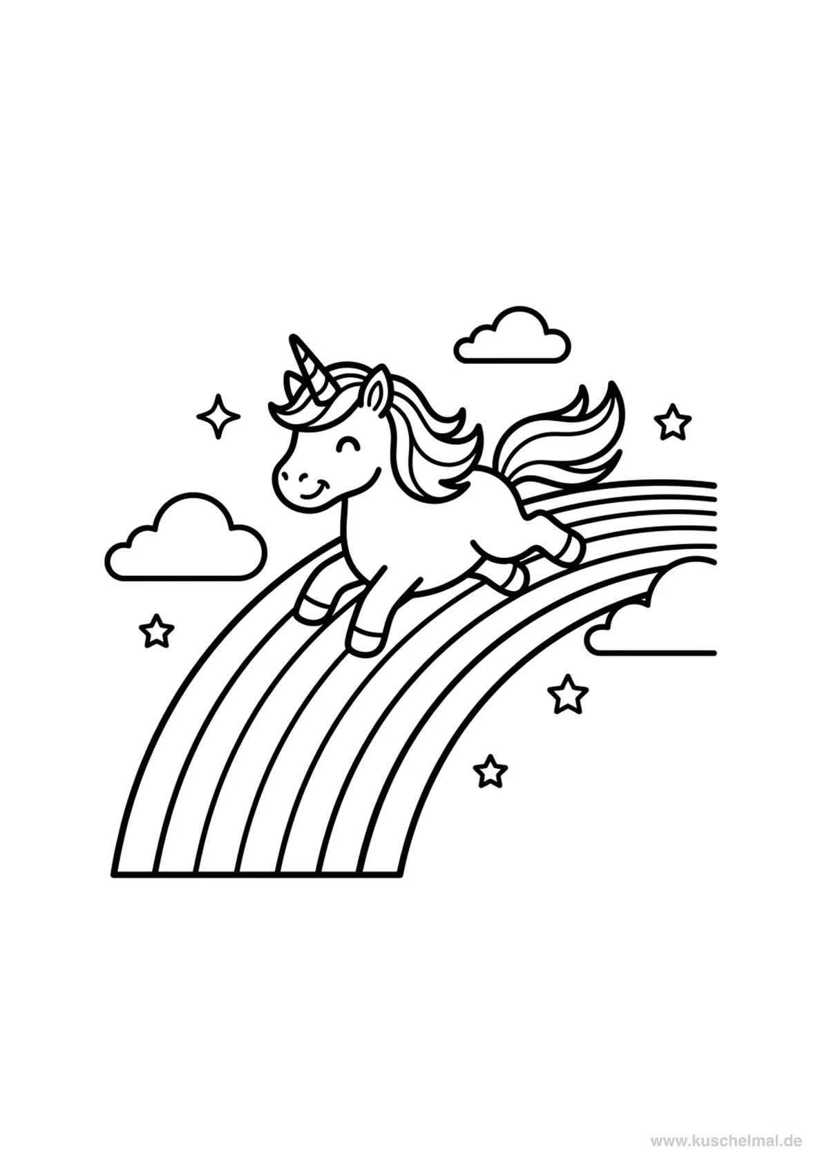 Einhorn auf Regenbogen 2 - Kostenloses Regenbogen Ausmalbild für Kinder zum Ausdrucken